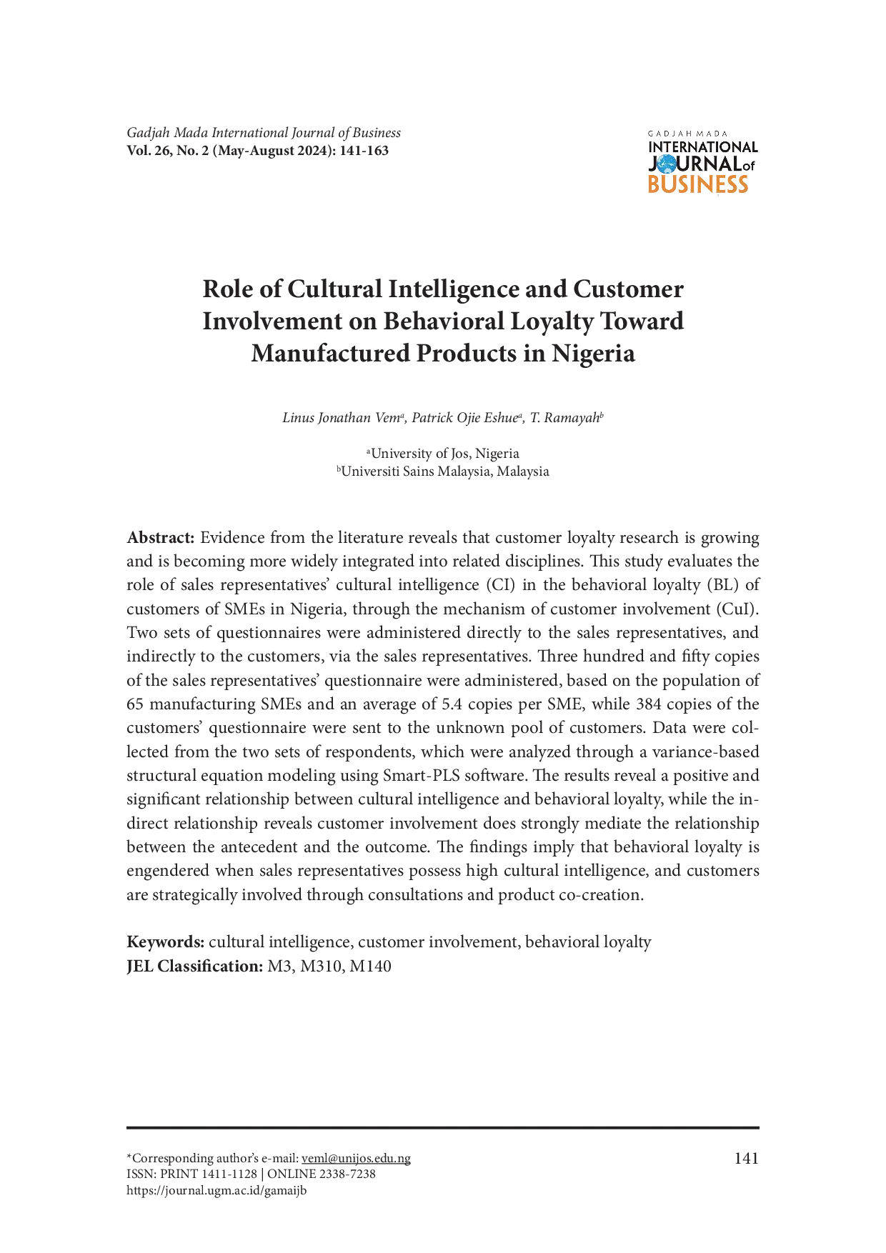 juris Role of Cultural Intelligence and Customer Involvement on Behavioral Loyalty Toward Manufactured Products in Nigeria