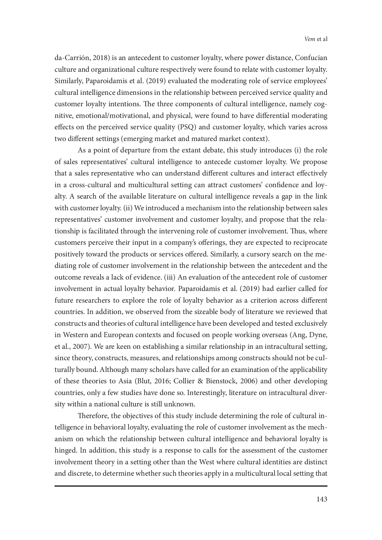 juris Role of Cultural Intelligence and Customer Involvement on Behavioral Loyalty Toward Manufactured Products in Nigeria