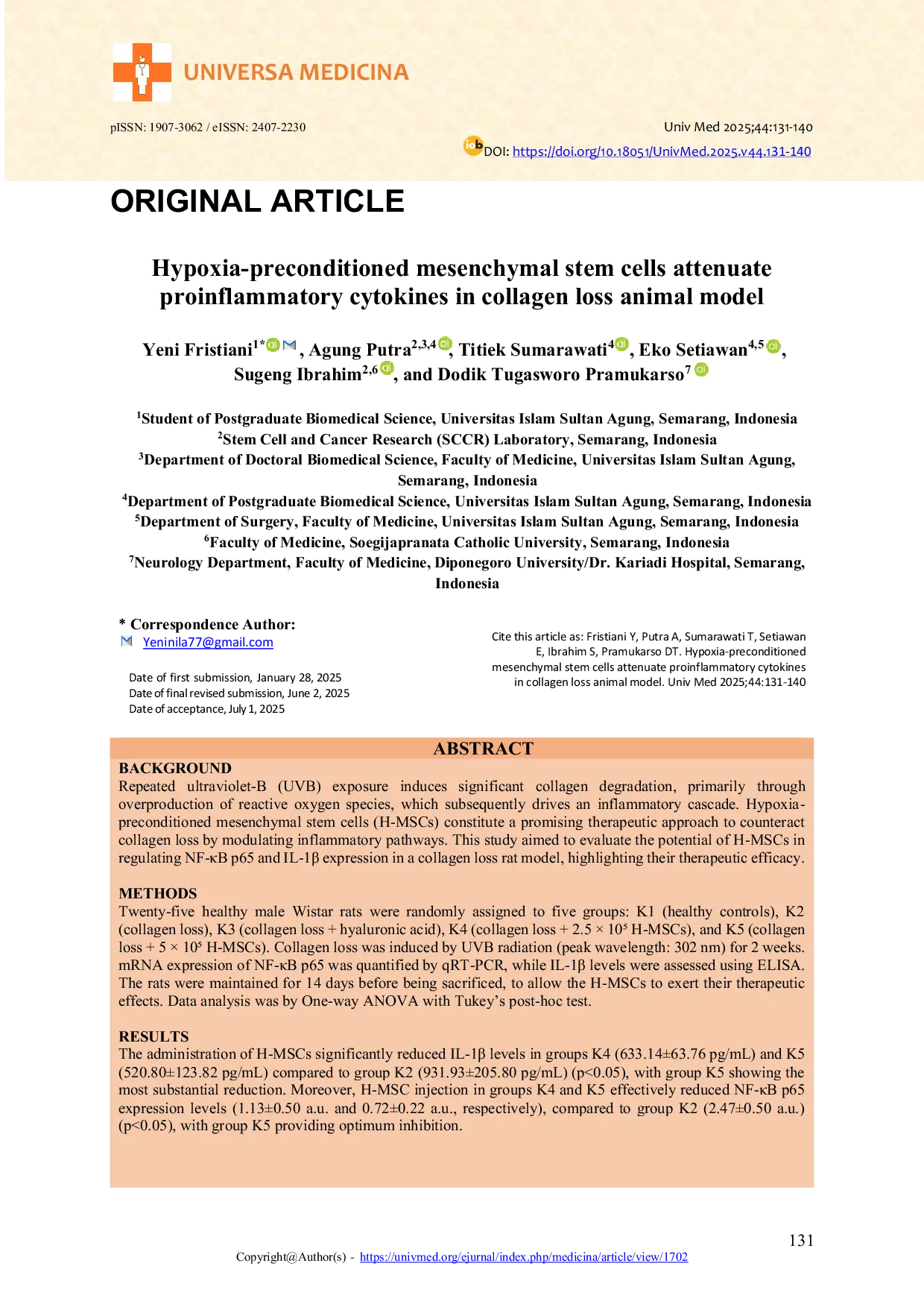 JURIS Hypoxia preconditioned mesenchymal stem cells attenuate proinflammatory cytokines in collagen loss animal model