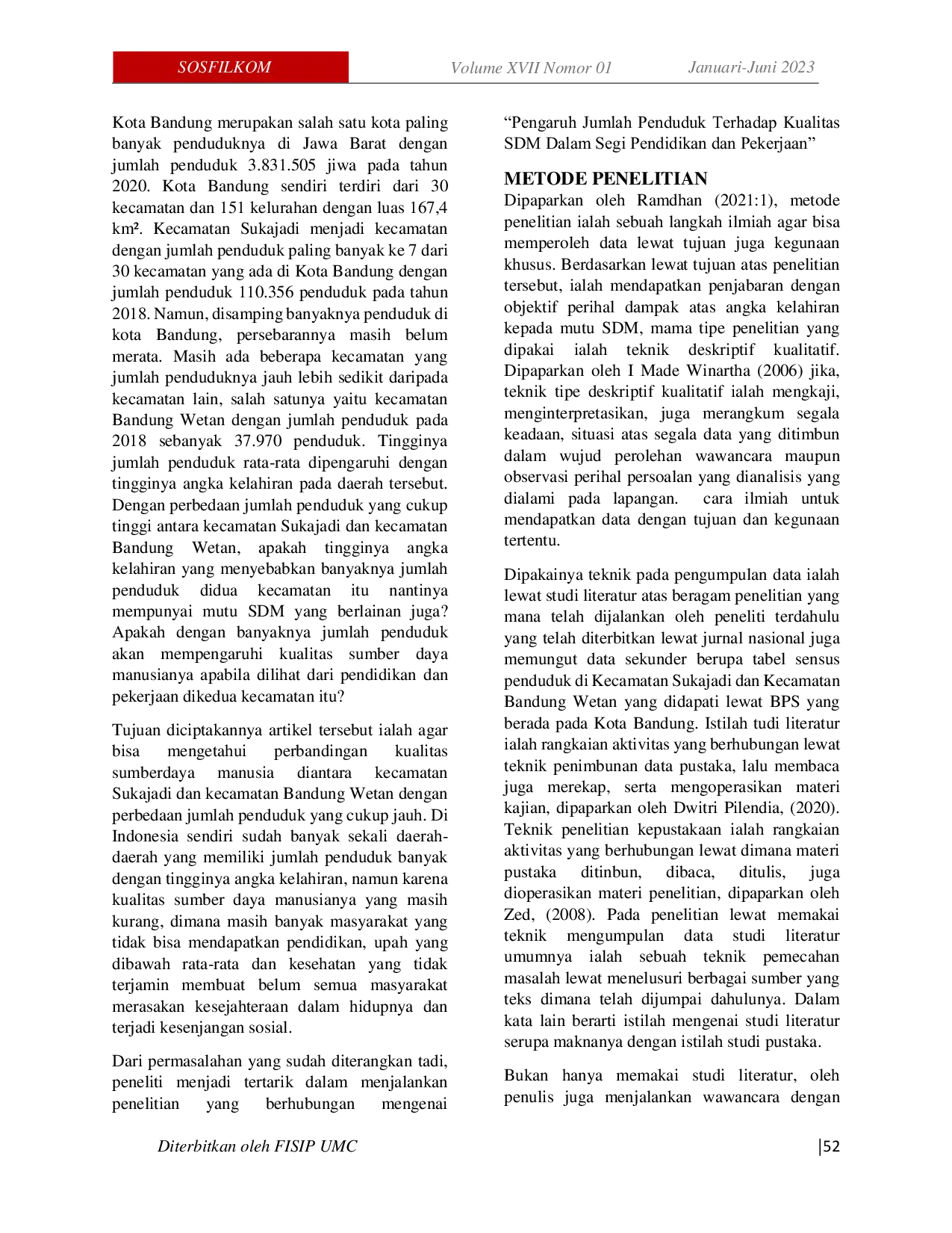 JURIS Pengaruh Jumlah Penduduk Terhadap Kualitas Sdm Dalam Segi Pendidikan Dan Pekerjaan