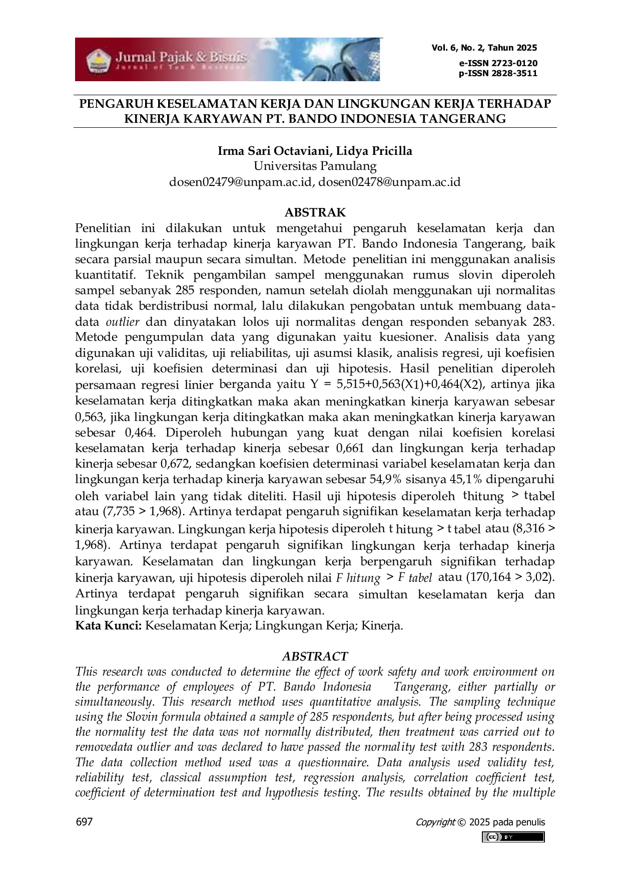 JURIS Pengaruh Keselamatan Kerja Dan Lingkungan Kerja Terhadap Kinerja Karyawan Pt Bando Indonesia Tangerang