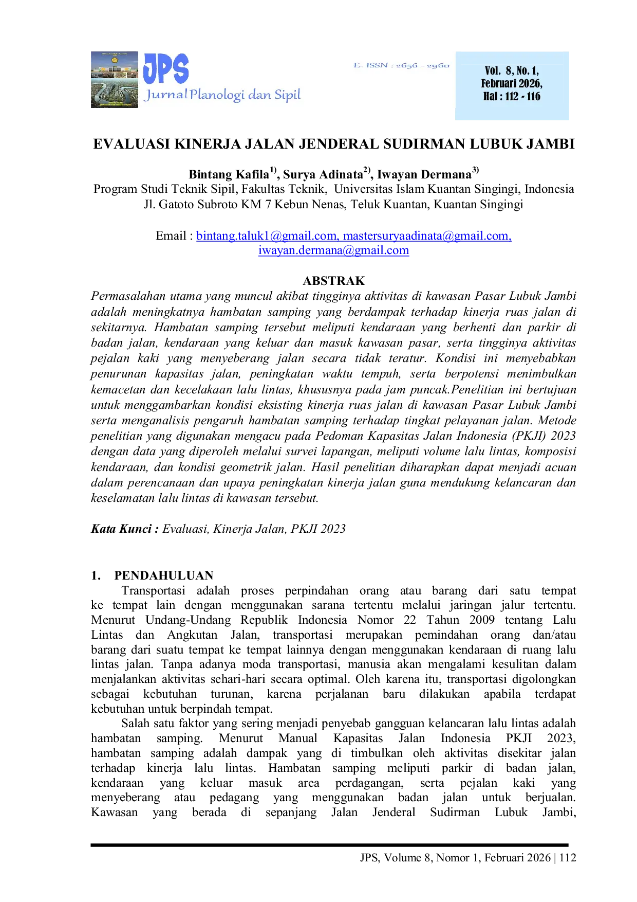 JURIS Evaluasi Kinerja Jalan Jenderal Sudirman Lubuk Jambi