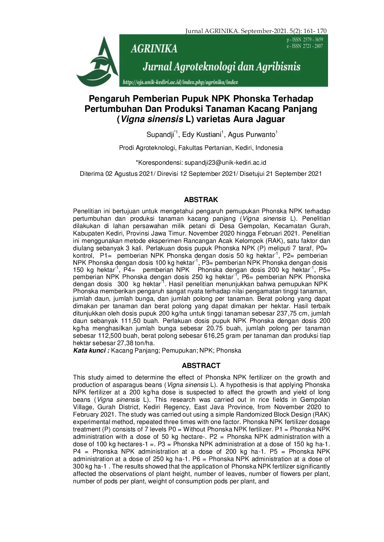 JURIS Pengaruh Pemberian Pupuk NPK Phonska Terhadap Pertumbuhan Dan Produksi Tanaman Kacang Panjang Vigna sinensis L varietas Aura Jaguar
