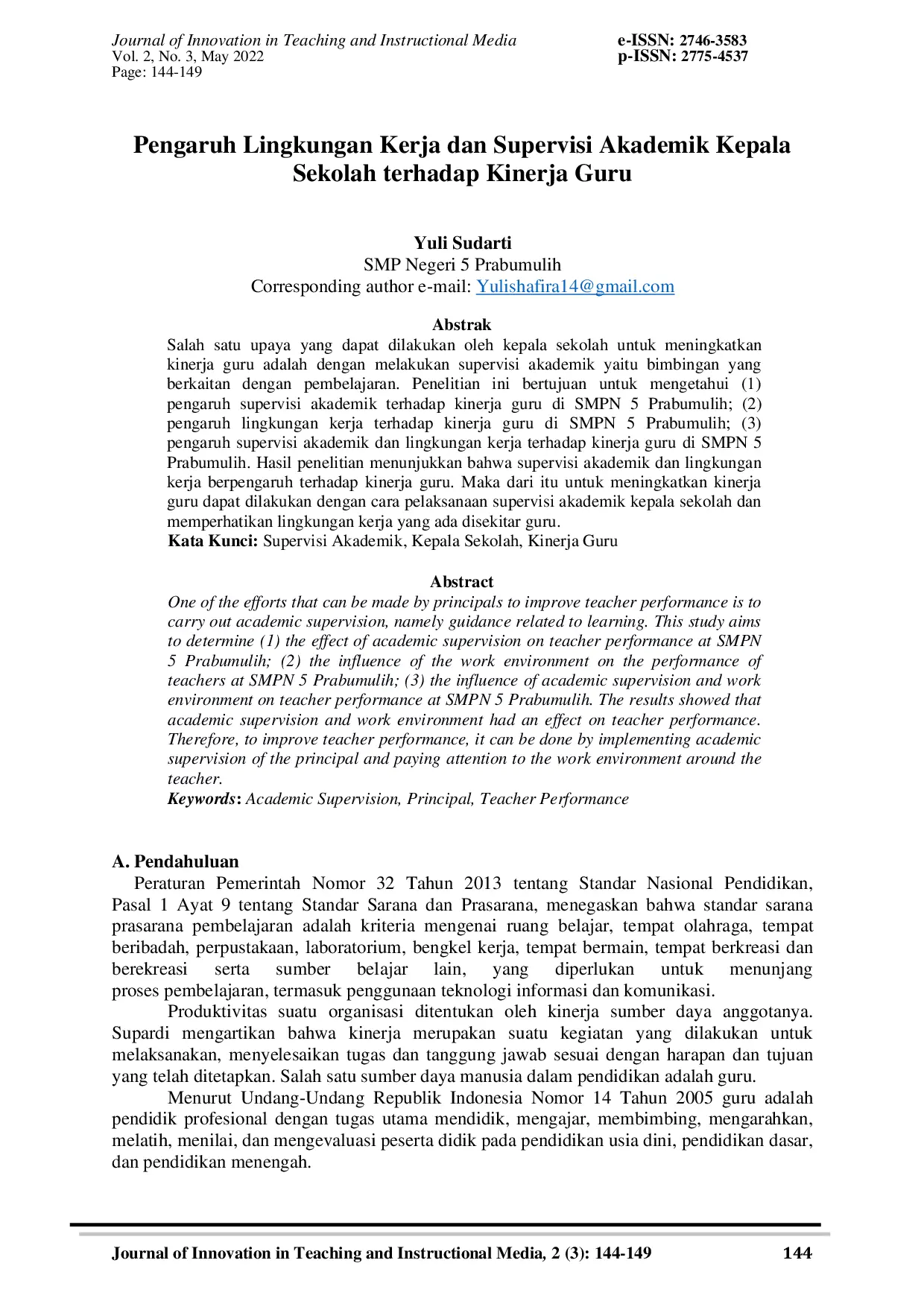 JURIS Pengaruh Lingkungan Kerja dan Supervisi Akademik Kepala Sekolah terhadap Kinerja Guru