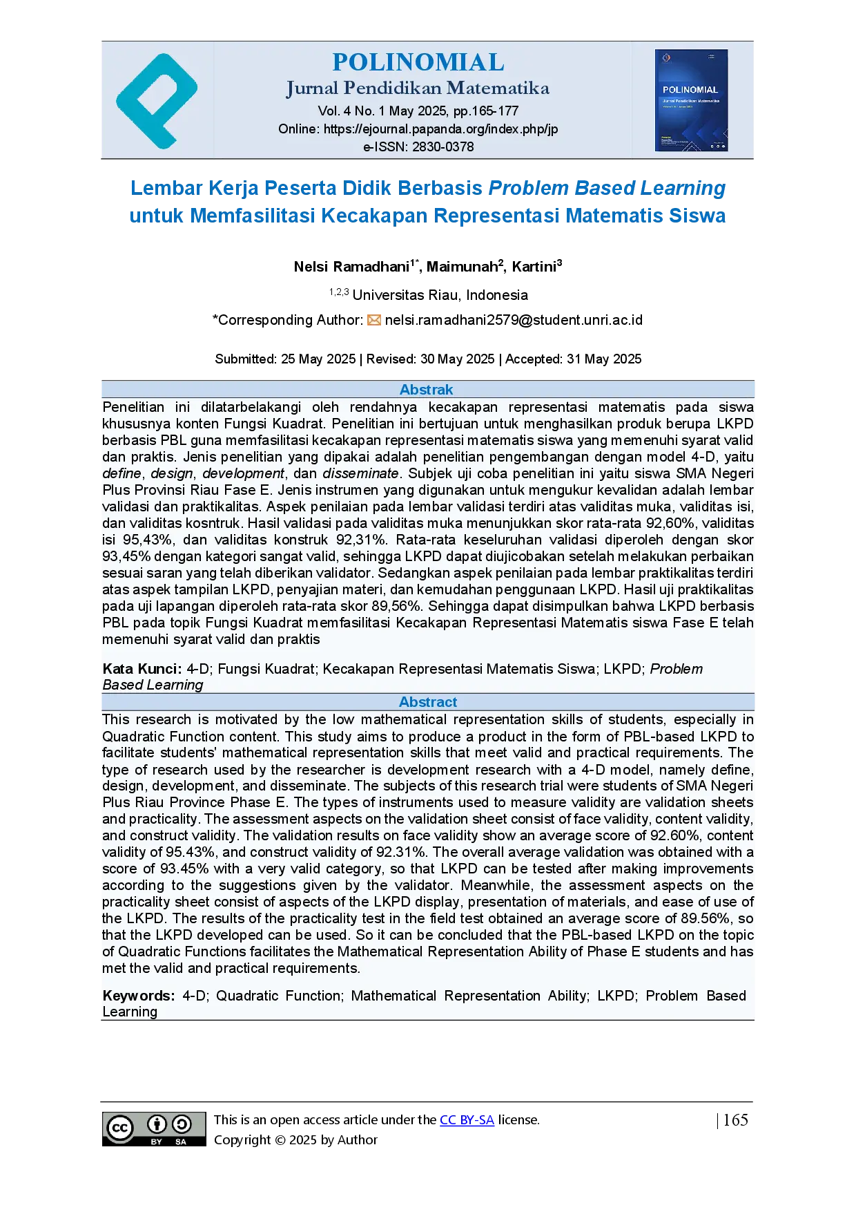 juris Lembar Kerja Peserta Didik Berbasis Problem Based Learning untuk Memfasilitasi Kecakapan Representasi Matematis Siswa