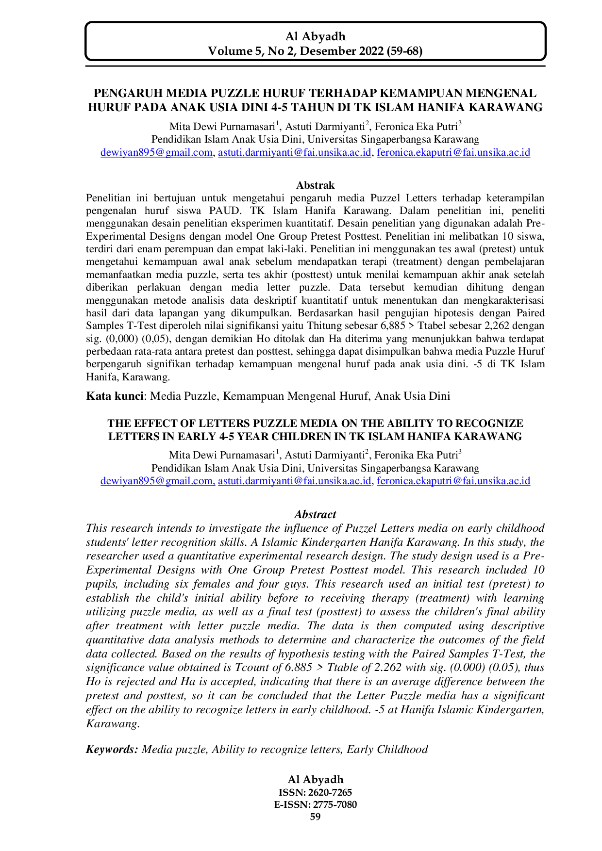 JURIS Pengaruh Media Puzzle Huruf Terhadap Kemampuan Mengenal Huruf Pada Anak Usia Dini 4 5 Tahun Di Tk Islam Hanifa Karawang