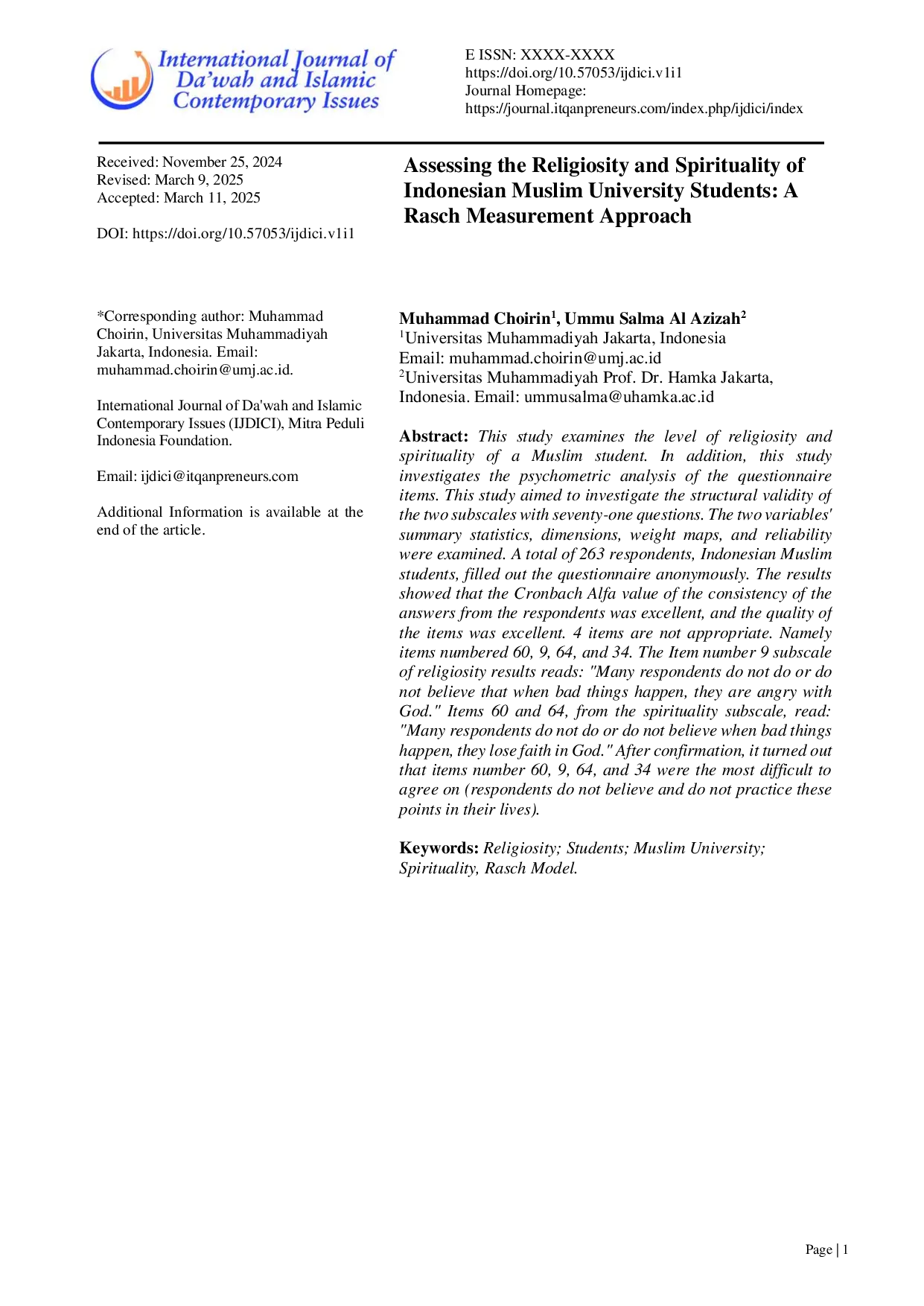 JURIS Assessing the Religiosity and Spirituality of Indonesian Muslim University Students A Rasch Measurement Approach