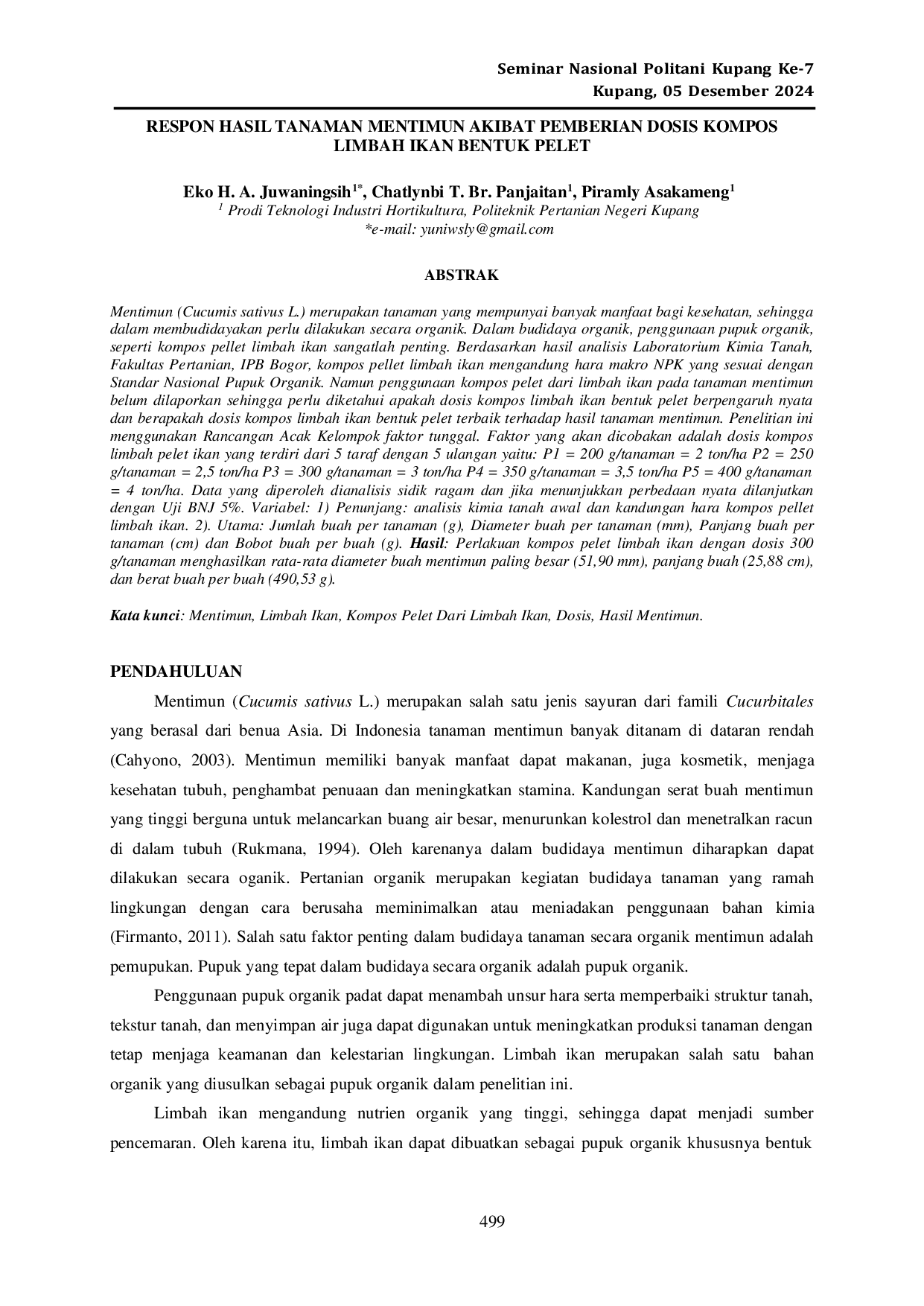 JURIS Respon Hasil Tanaman Mentimun Akibat Pemberian Dosis Kompos Limbah Ikan Bentuk Pelet