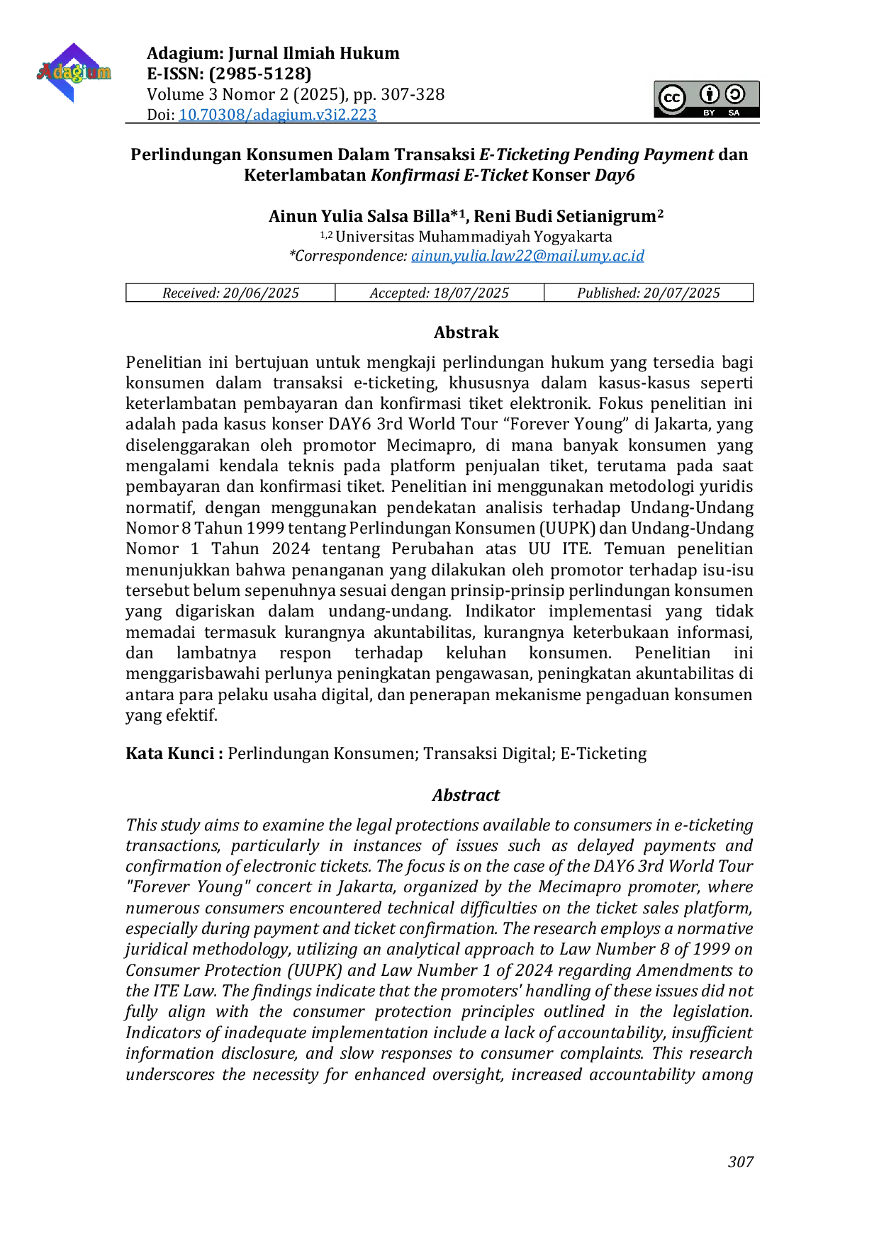 JURIS Legal Protection for Consumers in E Ticketing Transactions A Study on Pending Payments and Delayed Ticket Confirmations in the Day6 Concert