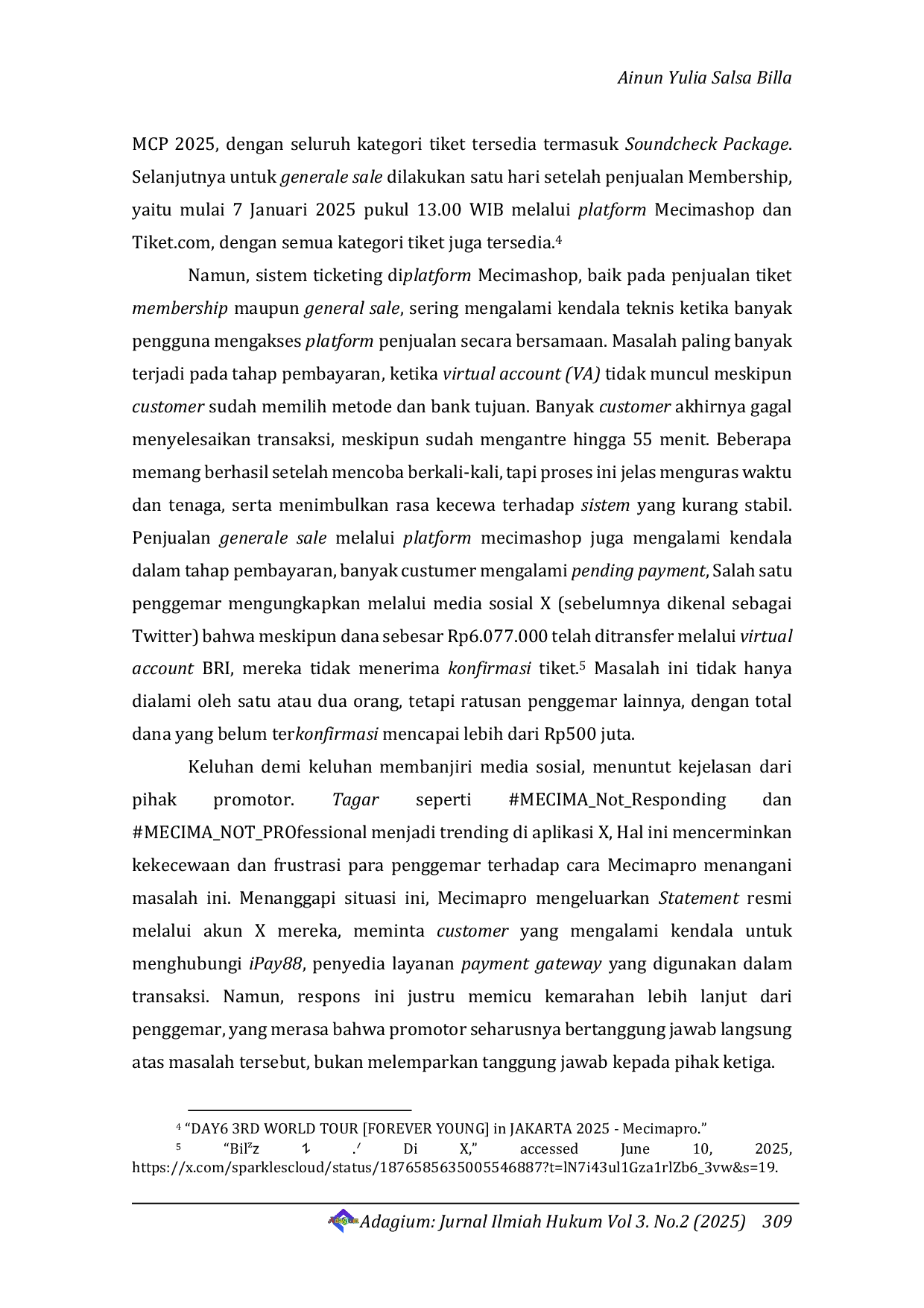 JURIS Legal Protection for Consumers in E Ticketing Transactions A Study on Pending Payments and Delayed Ticket Confirmations in the Day6 Concert