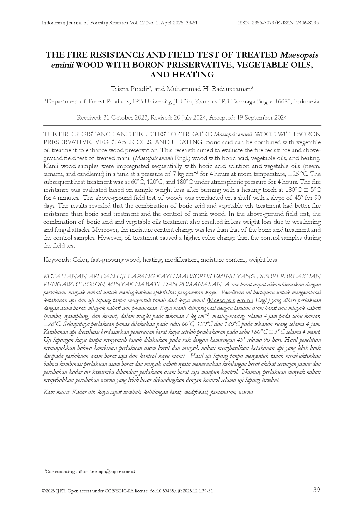 juris THE FIRE RESISTANCE AND FIELD TEST OF TREATED Maesopsis eminii WOOD WITH BORON PRESERVATIVE VEGETABLE OILS AND HEATING