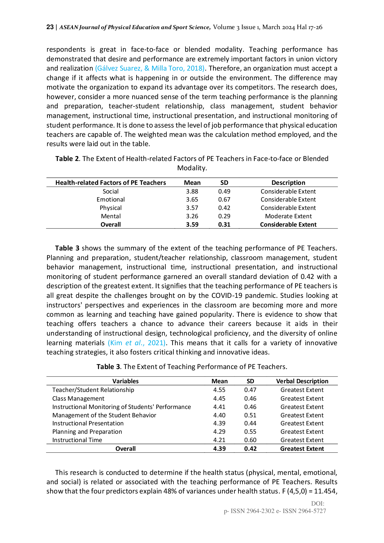 JURIS Health Related Factors and Teaching Performance of Physical Education Teachers Amidst COVID 19 Pandemic