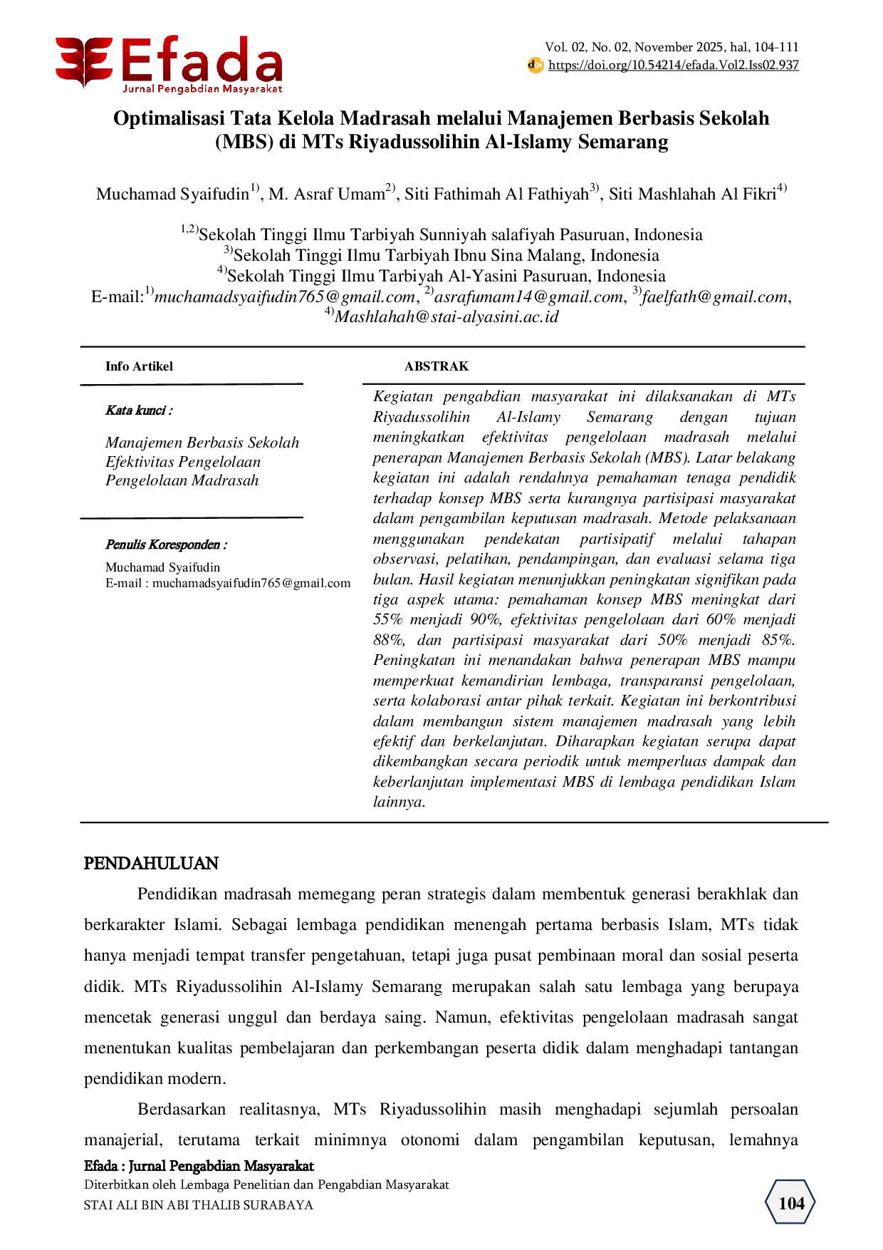 JURIS Optimalisasi Tata Kelola Madrasah melalui Manajemen Berbasis Sekolah MBS di MTs Riyadussolihin Al Islamy Semarang