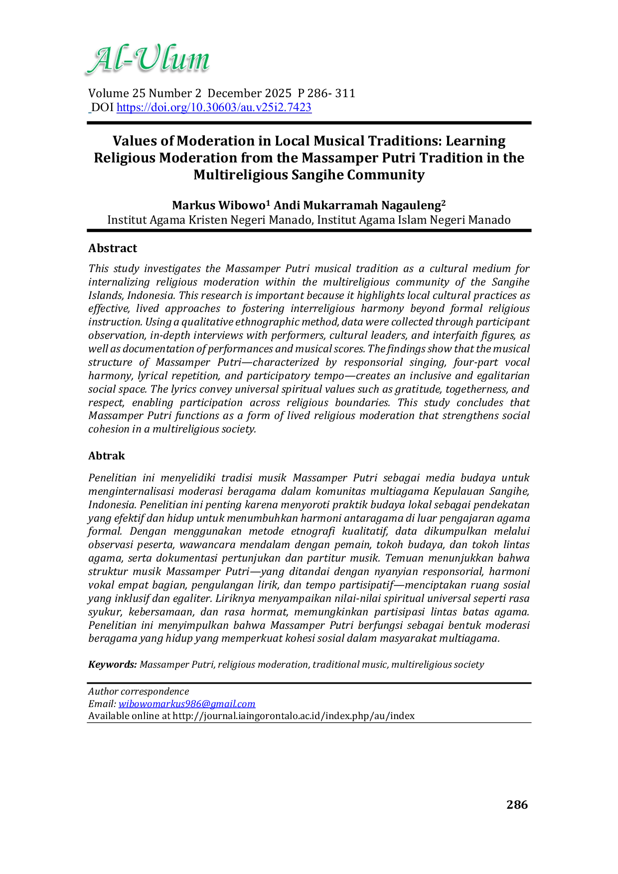 JURIS Values of Moderation in Local Musical Traditions Learning Religious Moderation from the Massamper Putri Tradition in the Multireligious Sangihe Community