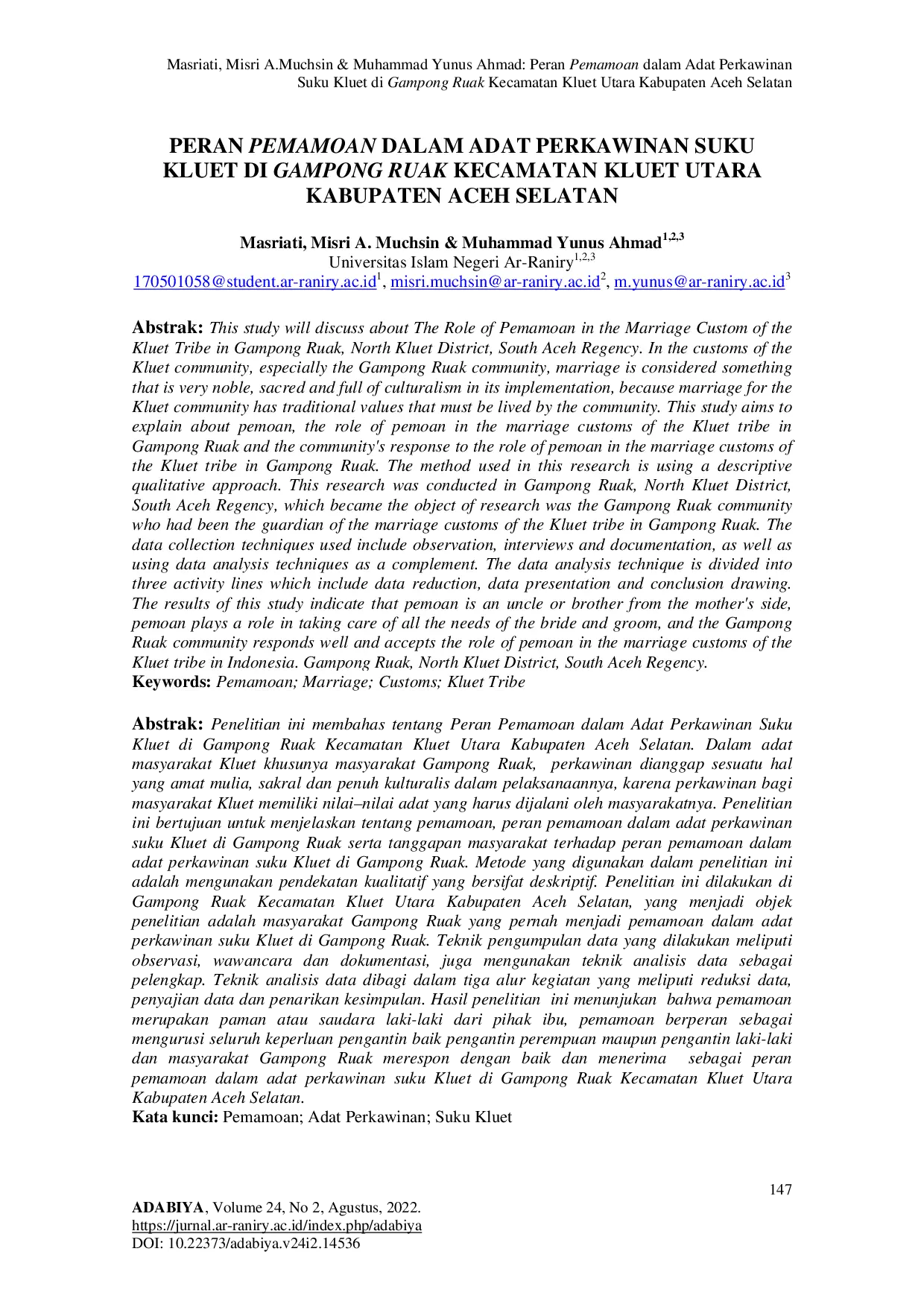 JURIS Peran Pemamoan Dalam Adat Perkawinan Suku Kluet Di Gampong Ruak Kecamatan Kluet Utara Kabupaten Aceh Selatan