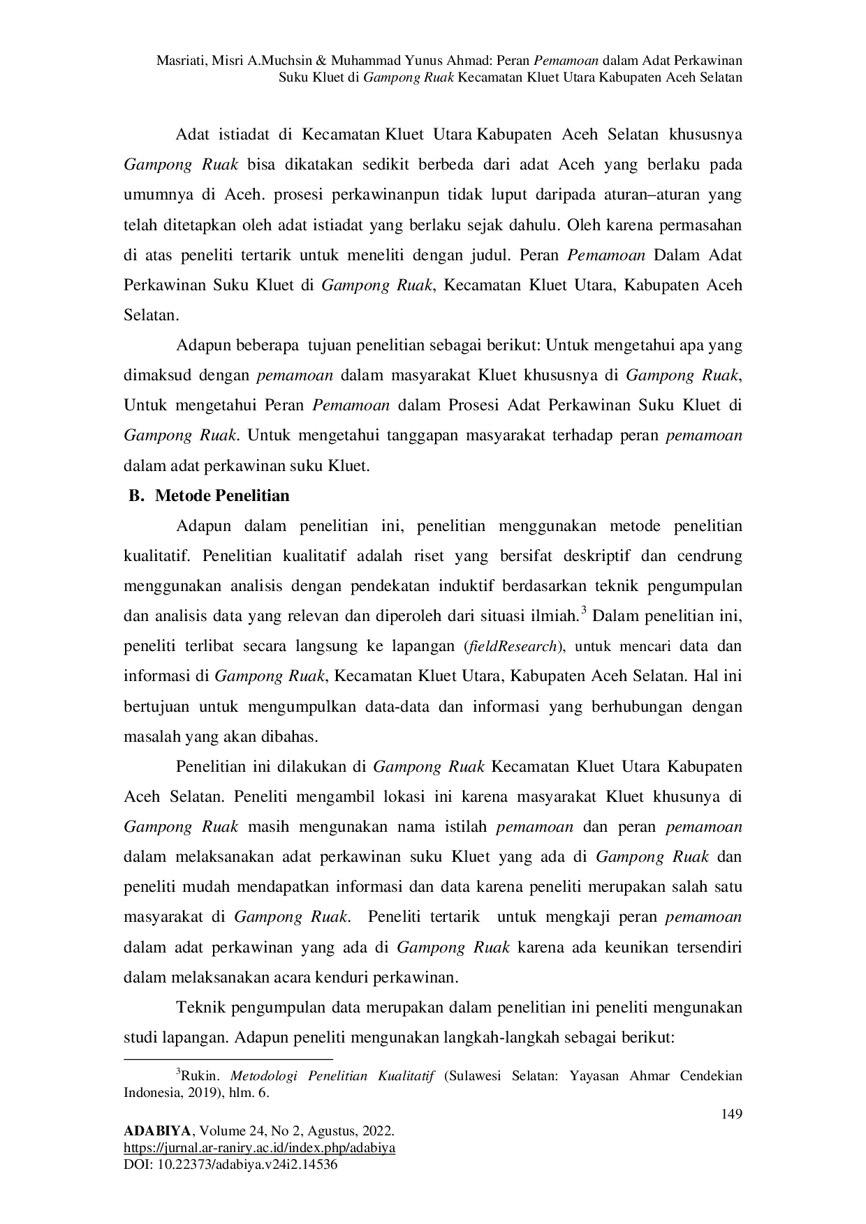 JURIS Peran Pemamoan Dalam Adat Perkawinan Suku Kluet Di Gampong Ruak Kecamatan Kluet Utara Kabupaten Aceh Selatan