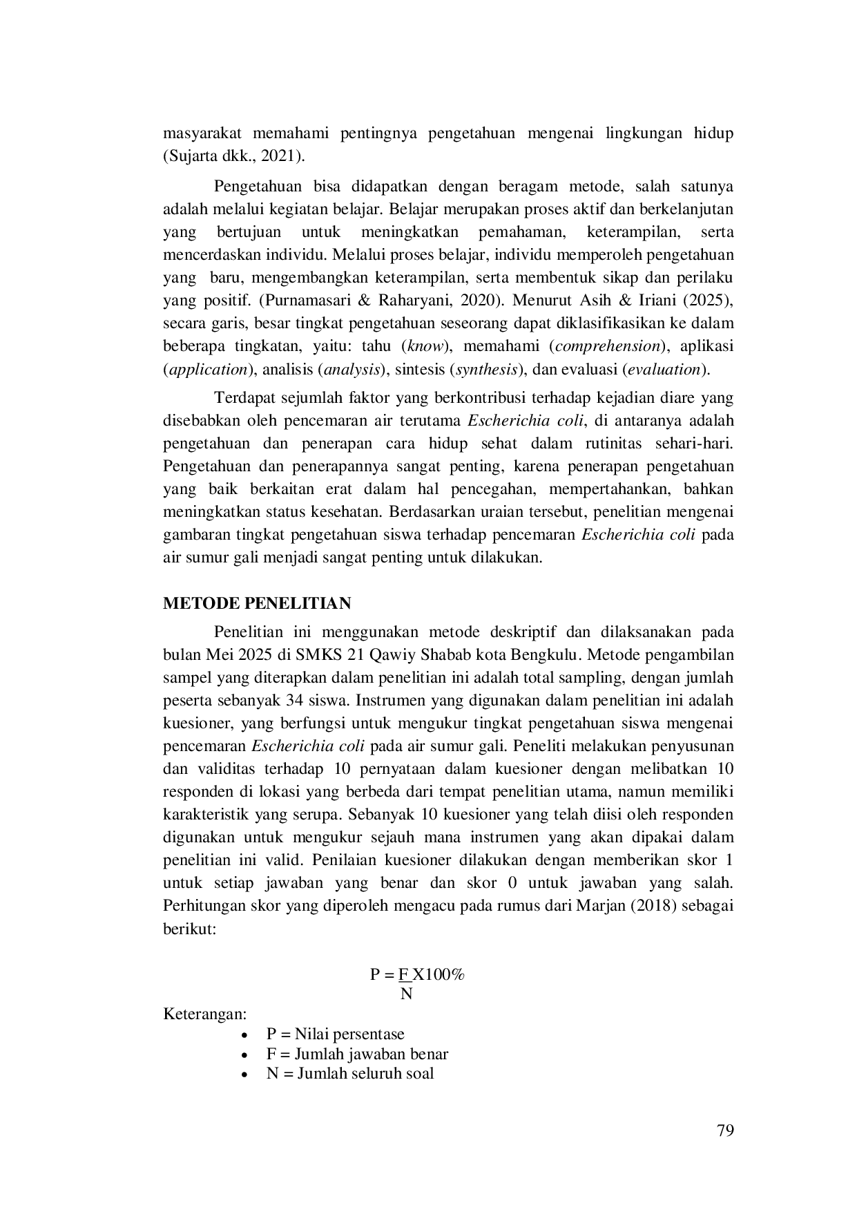 JURIS GAMBARAN TINGKAT PENGETAHUAN SISWA TERHADAP CEMARAN Escherichia coli PADA AIR SUMUR GALI