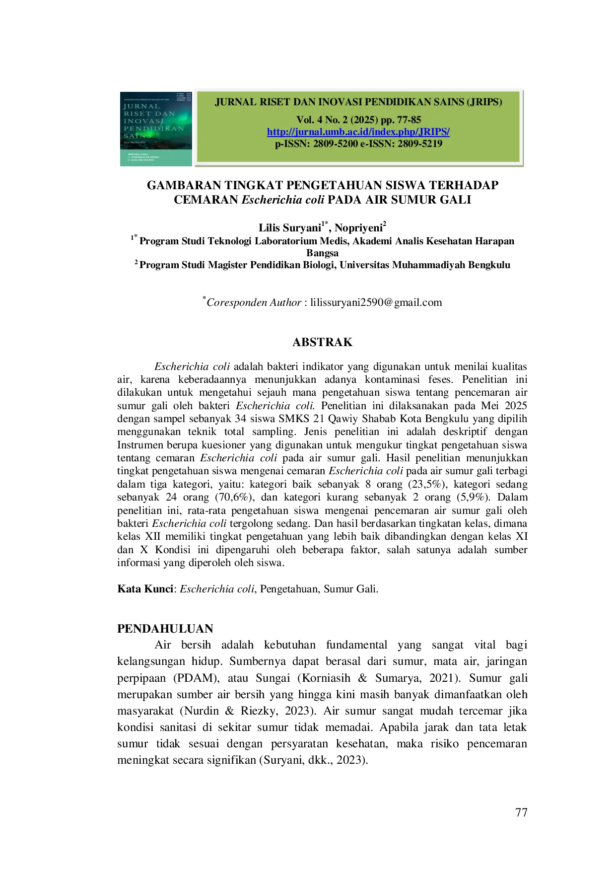 JURIS GAMBARAN TINGKAT PENGETAHUAN SISWA TERHADAP CEMARAN Escherichia coli PADA AIR SUMUR GALI