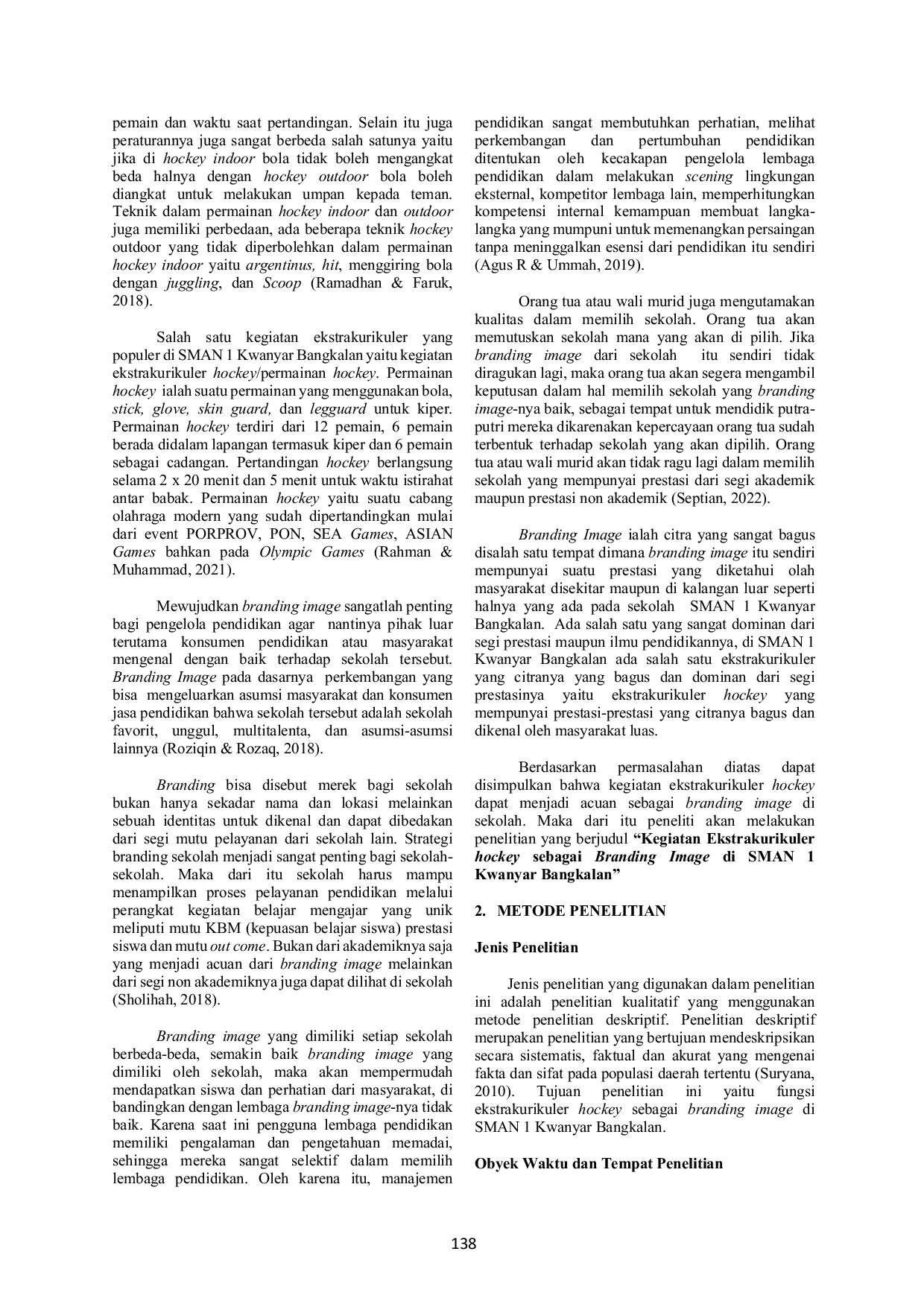 JURIS Ekstrakurikuler Hockey Sebagai Branding Image Di Sman 1 Kwanyar Bangkalan