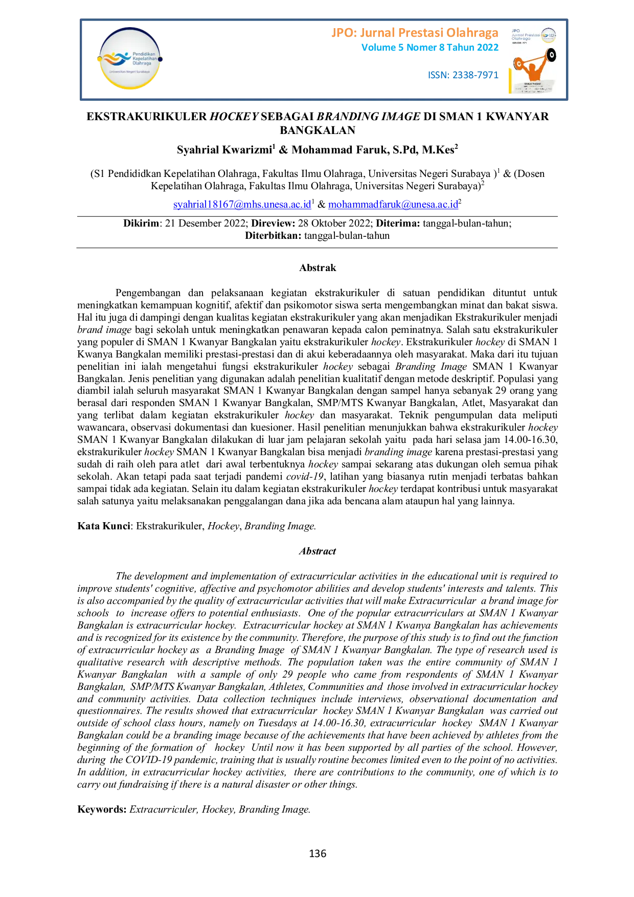 JURIS Ekstrakurikuler Hockey Sebagai Branding Image Di Sman 1 Kwanyar Bangkalan