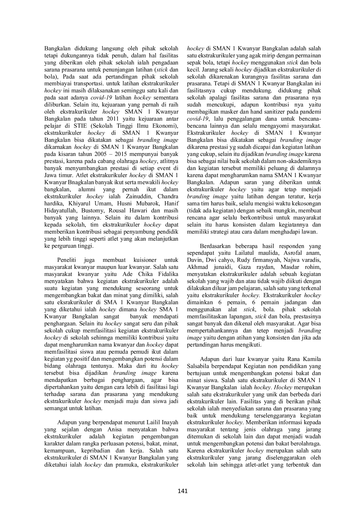 JURIS Ekstrakurikuler Hockey Sebagai Branding Image Di Sman 1 Kwanyar Bangkalan