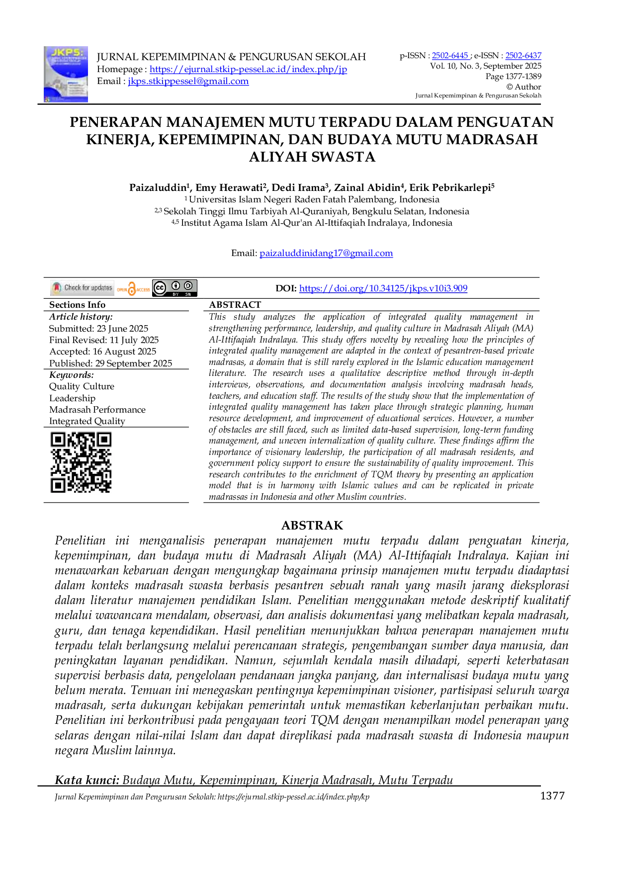 JURIS Penerapan Manajemen Mutu Terpadu Dalam Penguatan Kinerja Kepemimpinan Dan Budaya Mutu Madrasah Aliyah Swasta