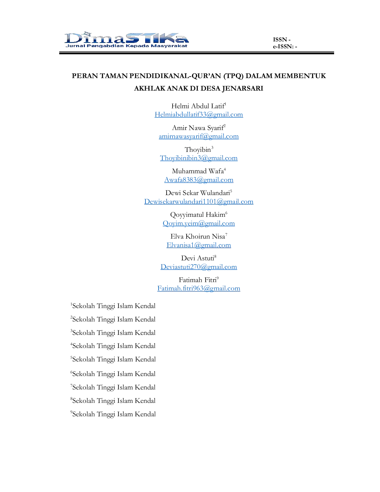 JURIS Peran Taman Pendidikan Al Quran TPQ Dalam Membentuk Akhlak Anak Di Desa Jenarsari