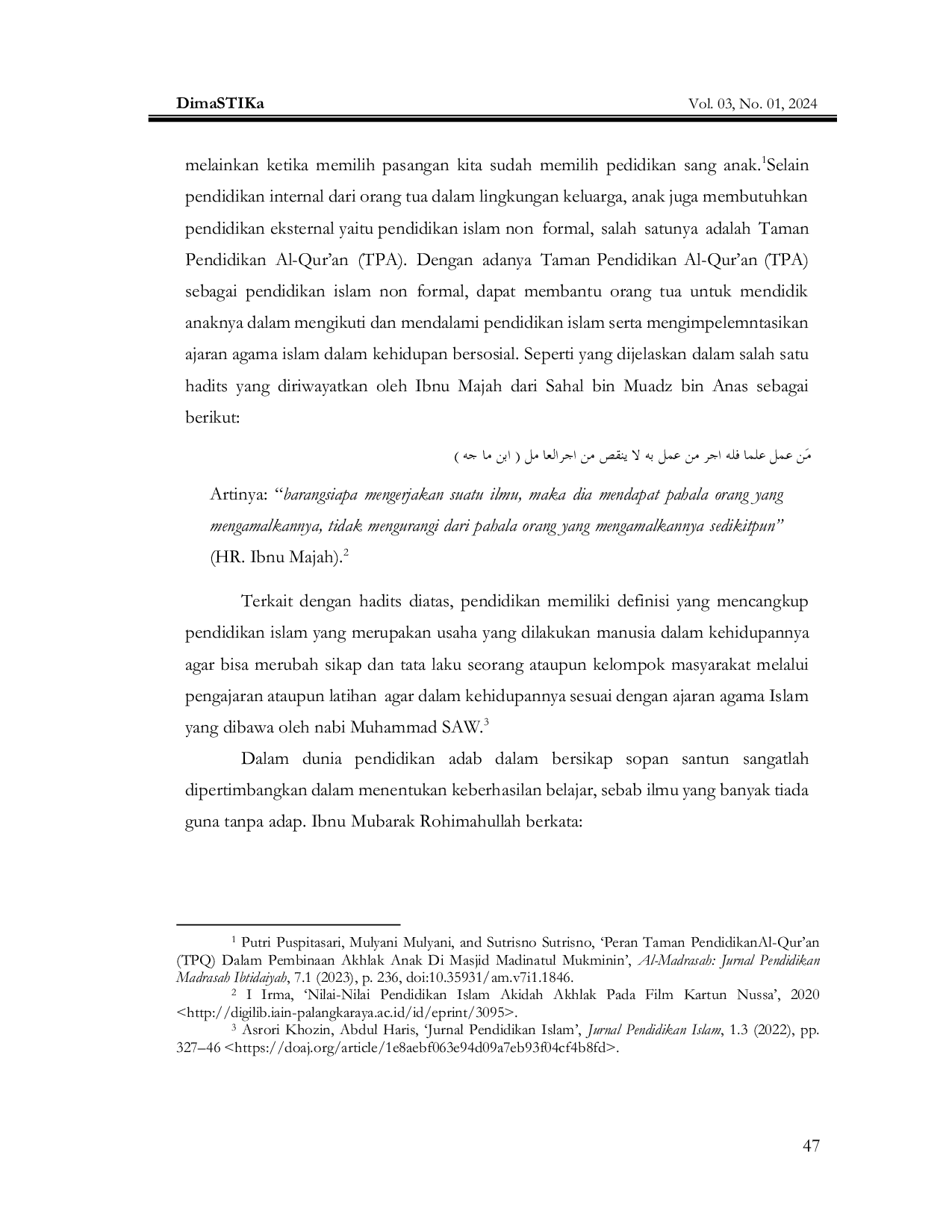 JURIS Peran Taman Pendidikan Al Quran TPQ Dalam Membentuk Akhlak Anak Di Desa Jenarsari