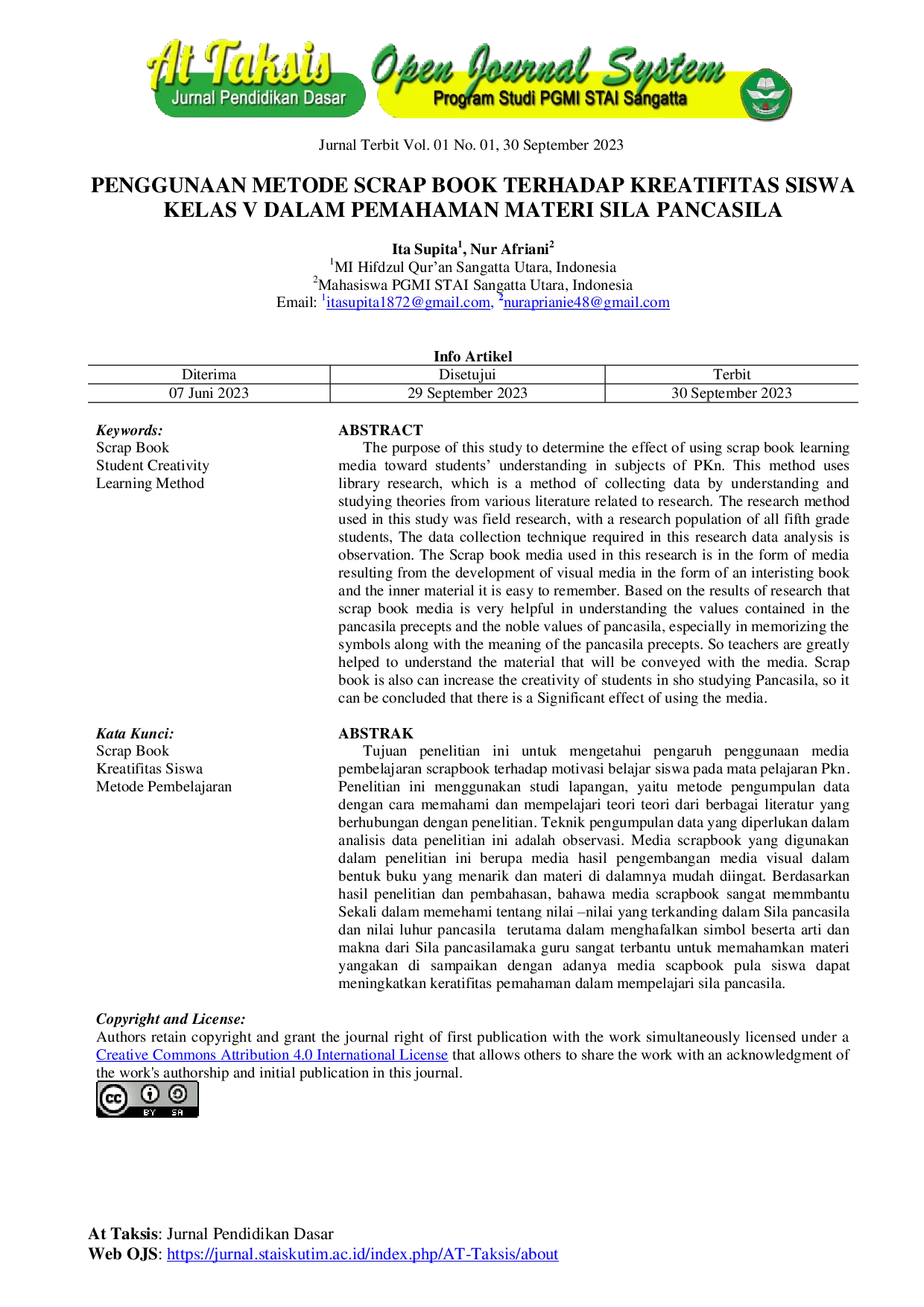 JURIS Penggunaan Metode Scrap Book Terhadap Kreatifitas Siswa Kelas V Dalam Pemahaman Materi Sila Pancasila