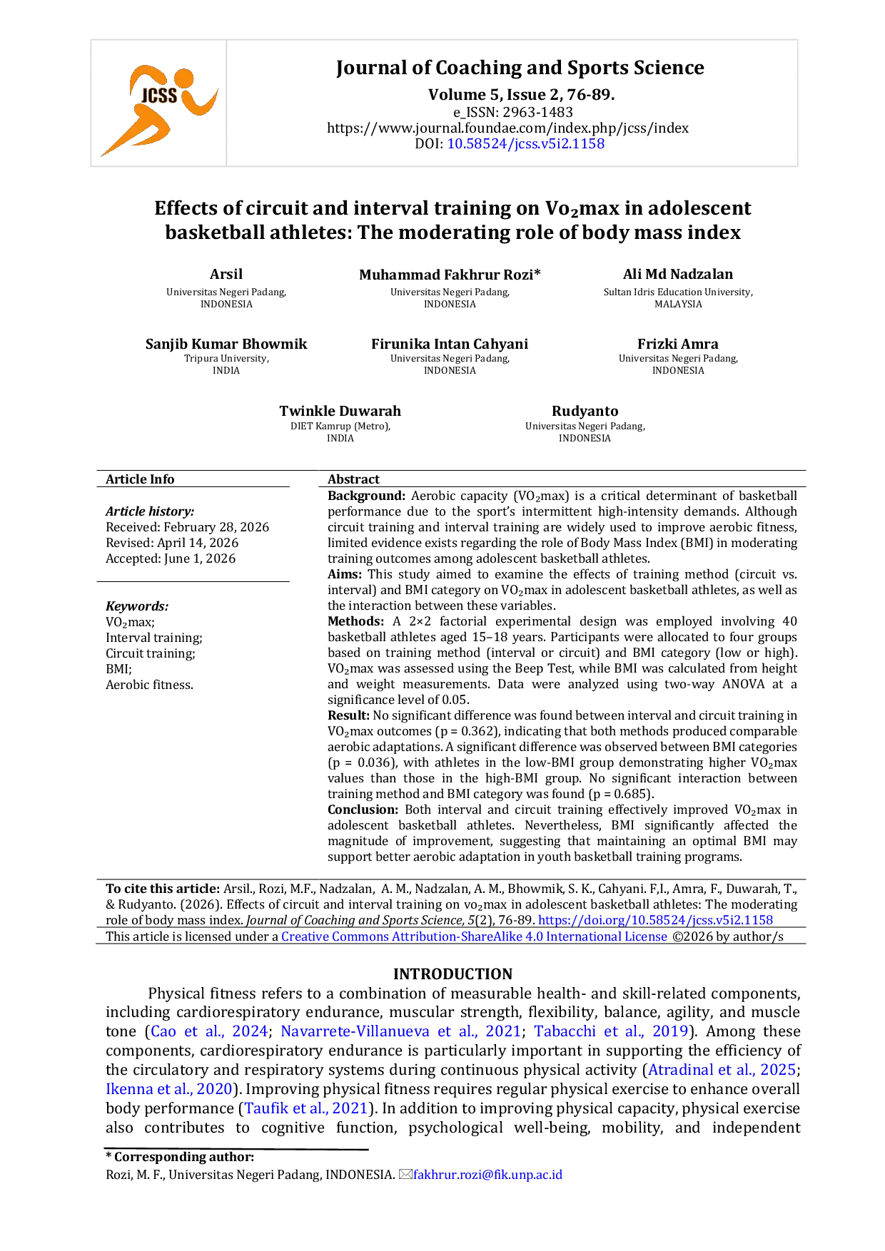 JURIS Effects of Circuit and Interval Training on VO2max in Adolescent Basketball Athletes The Moderating Role of Body Mass Index