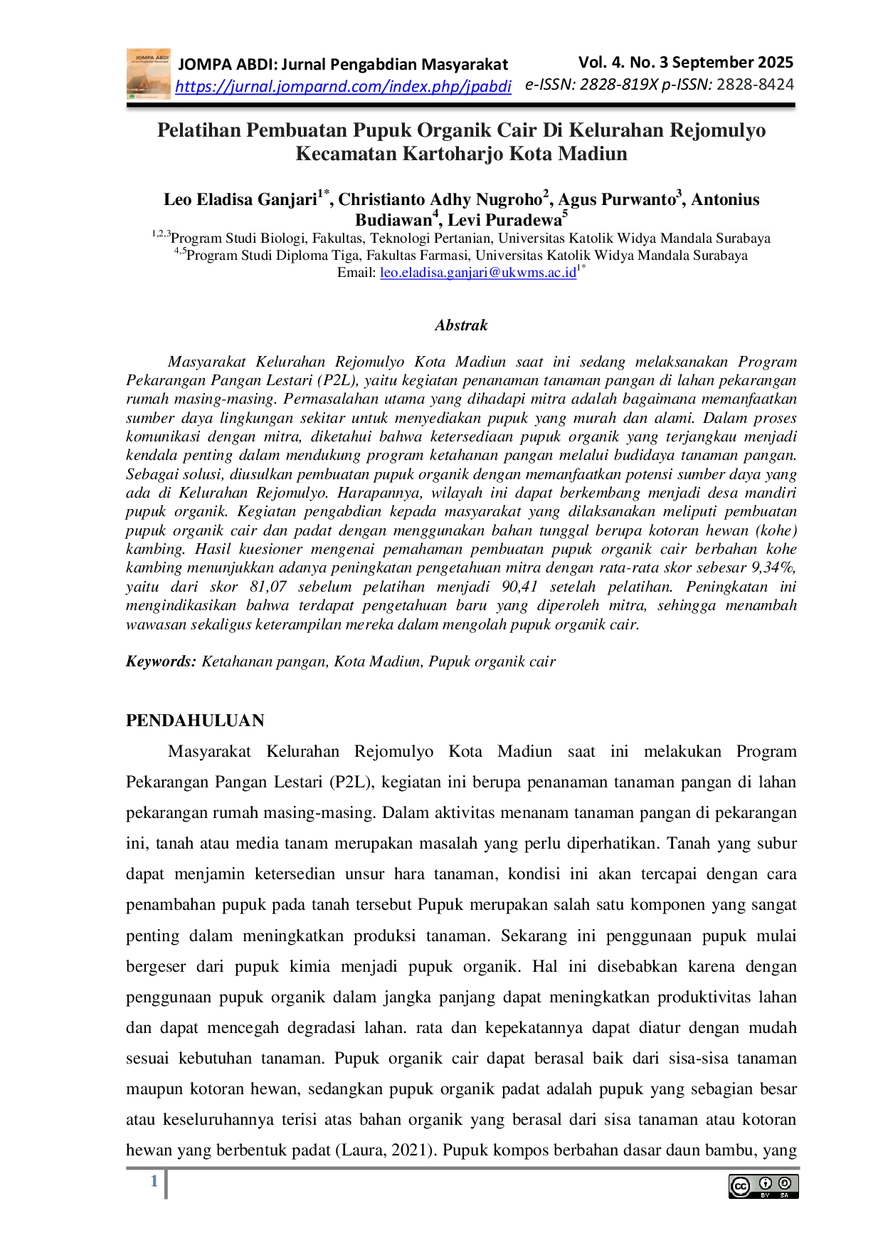 JURIS Pelatihan Pembuatan Pupuk Organik Cair Di Kelurahan Rejomulyo Kecamatan Kartoharjo Kota Madiun