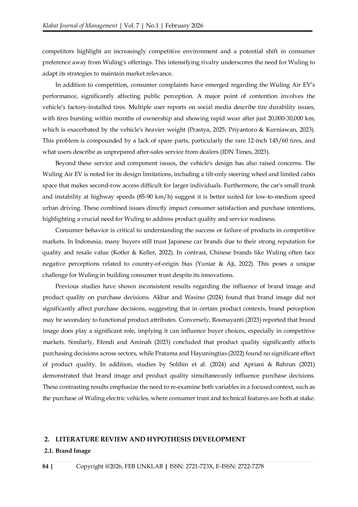JURIS Brand Image and Product Quality as Determinants of Electric Car Purchase Decisions in Depok City