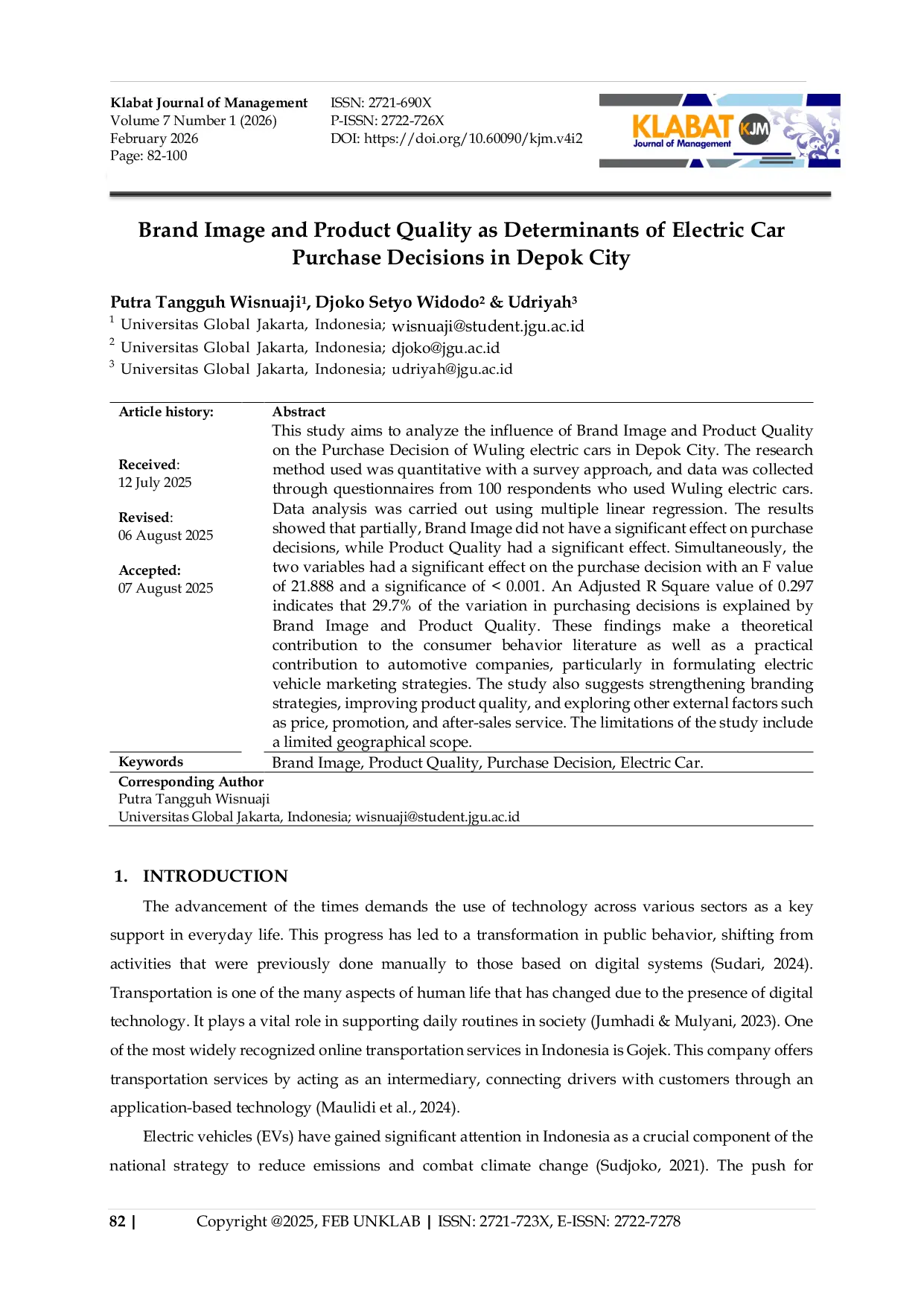 JURIS Brand Image and Product Quality as Determinants of Electric Car Purchase Decisions in Depok City