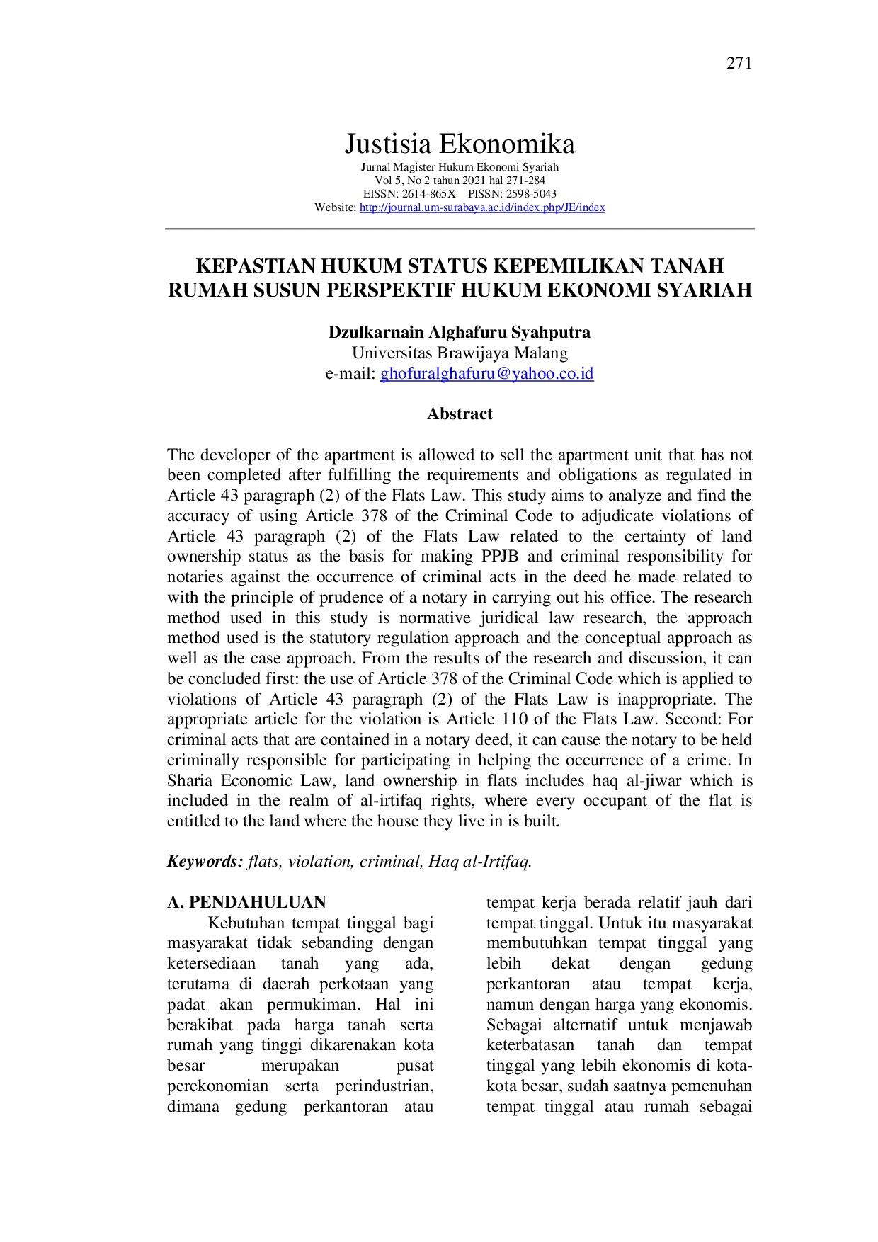 JURIS Kepastian Hukum Status Kepemilikan Tanah Rumah Susun Perspektif Hukum Ekonomi Syariah