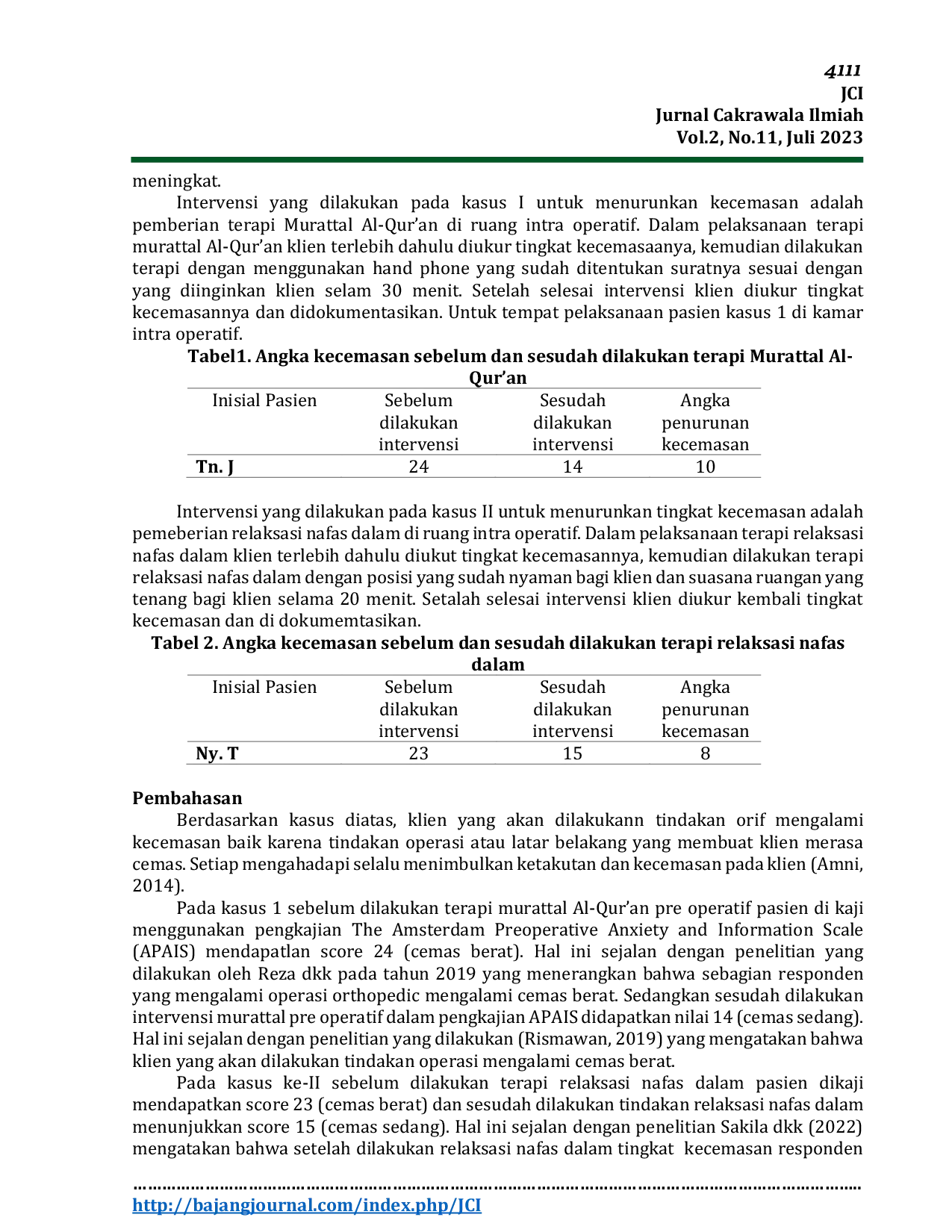JURIS Penerapan Terapi Murattal Al Qur an Dan Relaksasi Nafas Dalam Terhadap Penurunan Tingkat Kecemasan Klien Pre Operasi Fraktur Femur Dengan Tindakan Orif Di Rumah Sakit Islam Purwokerto