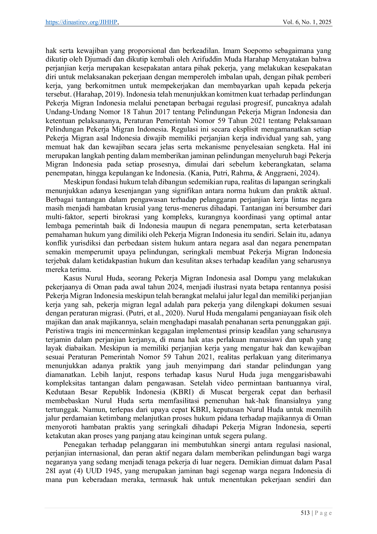 JURIS Perlindungan Hak Asasi Manusia Terhadap Pekerja Migran Indonesia Melalui Perjanjian Kerja Berdasarkan Peraturan Pemerintah Nomor 59 Tahun 2021 Tentang Pelaksanaan Pelindungan Pekerja Migran