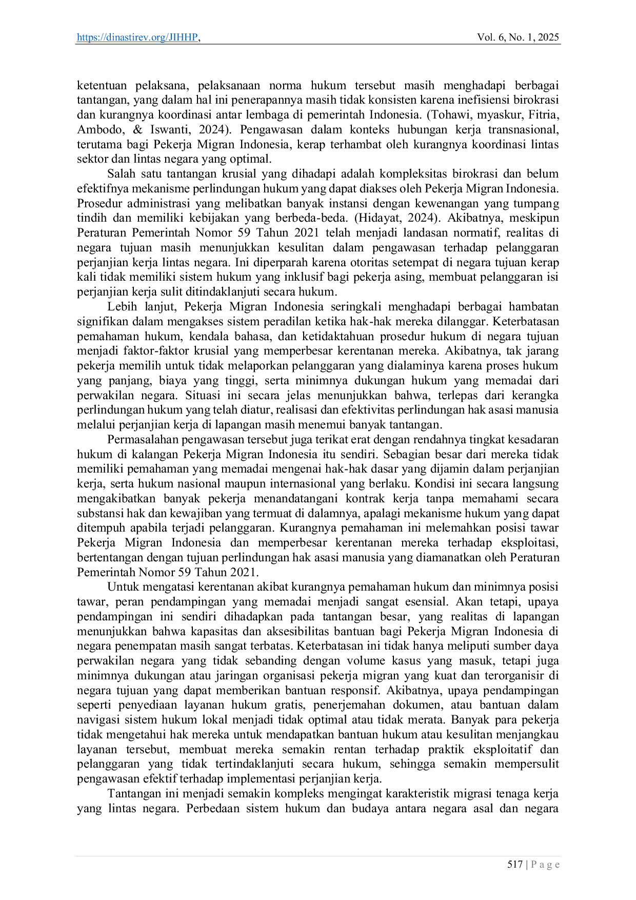 JURIS Perlindungan Hak Asasi Manusia Terhadap Pekerja Migran Indonesia Melalui Perjanjian Kerja Berdasarkan Peraturan Pemerintah Nomor 59 Tahun 2021 Tentang Pelaksanaan Pelindungan Pekerja Migran