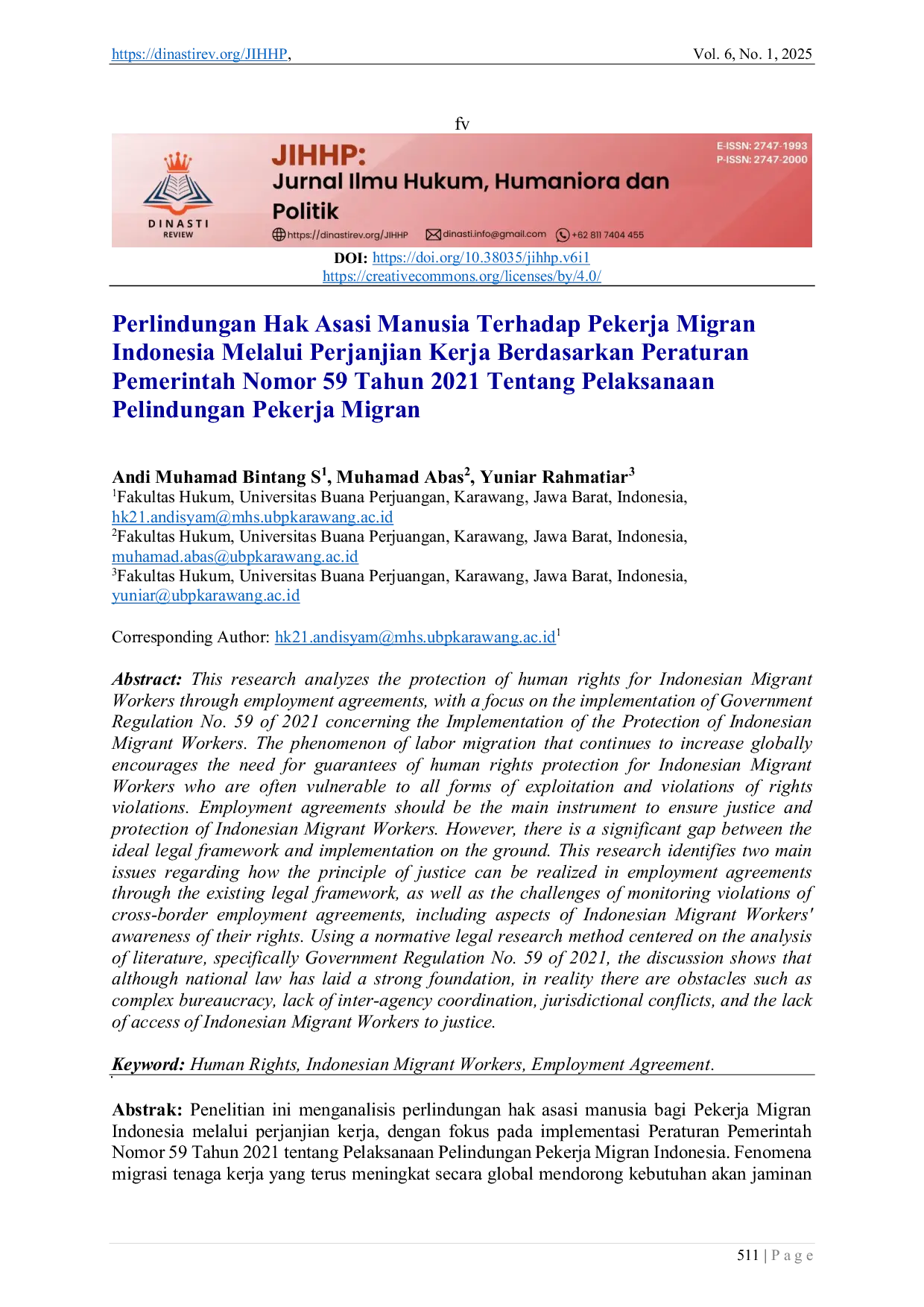JURIS Perlindungan Hak Asasi Manusia Terhadap Pekerja Migran Indonesia Melalui Perjanjian Kerja Berdasarkan Peraturan Pemerintah Nomor 59 Tahun 2021 Tentang Pelaksanaan Pelindungan Pekerja Migran