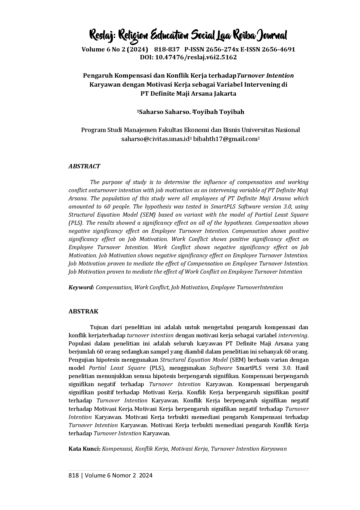 juris Pengaruh Kompensasi dan Konflik Kerja terhadap Turnover Intention Karyawan dengan Motivasi Kerja sebagai Variabel Intervening di PT Definite Maji Arsana Jakarta