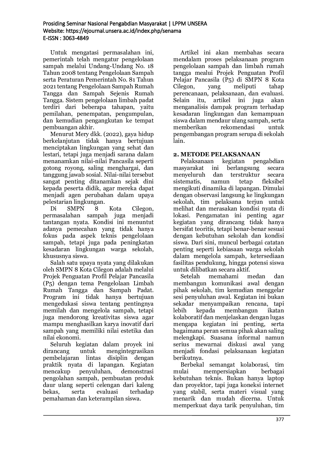 JURIS Pengolahan Sampah Dan Limbah Rumah Tangga Menjadi Kerajinan Bernilai Ekonomis Di Smpn 8 Kota Cilegon