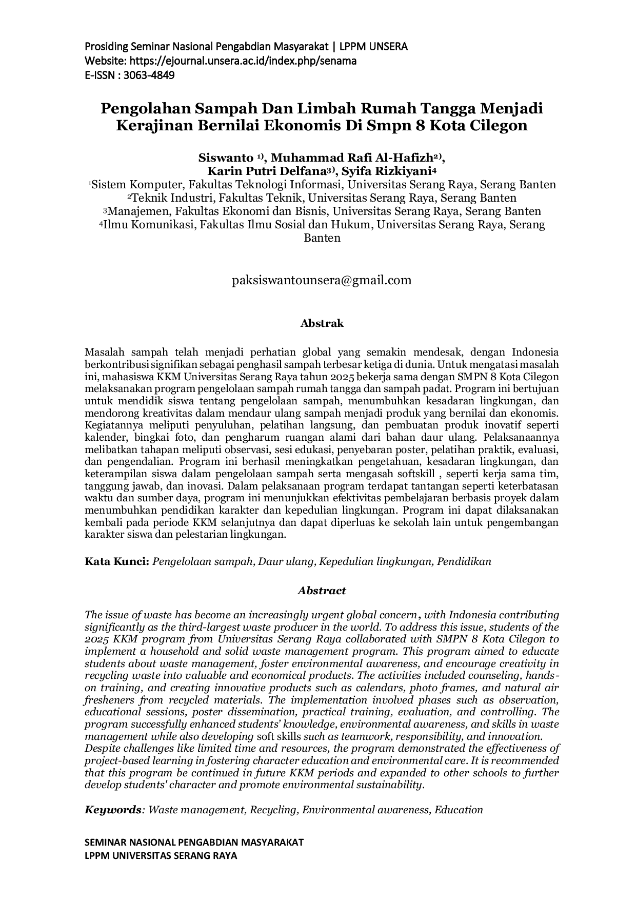 JURIS Pengolahan Sampah Dan Limbah Rumah Tangga Menjadi Kerajinan Bernilai Ekonomis Di Smpn 8 Kota Cilegon