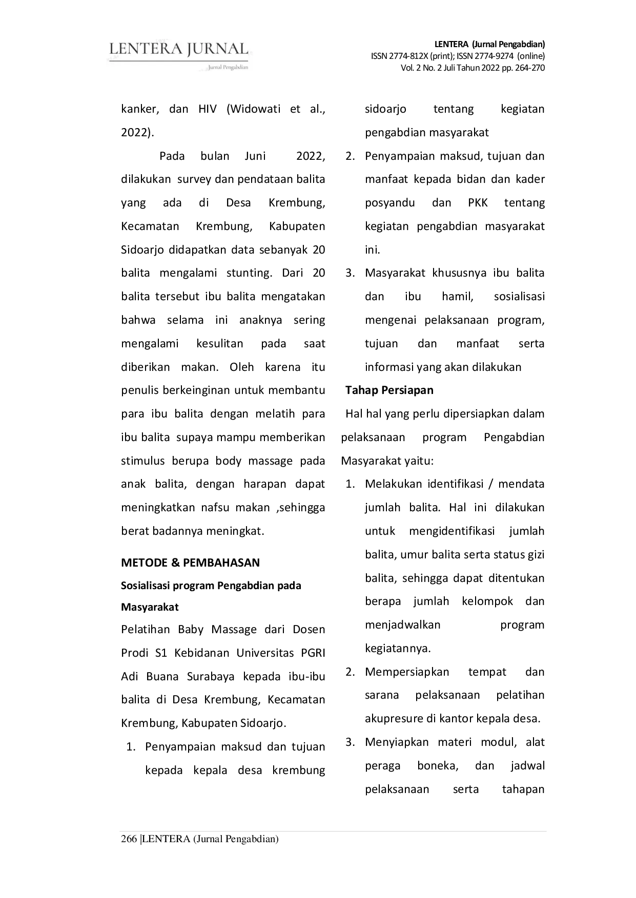 JURIS PELATIHAN AKUPRESURE UNTUK KESEHATAN IBU DAN ANAK SEBAGAI UPAYA PENCEGAHAN STUNTING DI DESA KREMBUNG KECAMATAN KREMBUNG