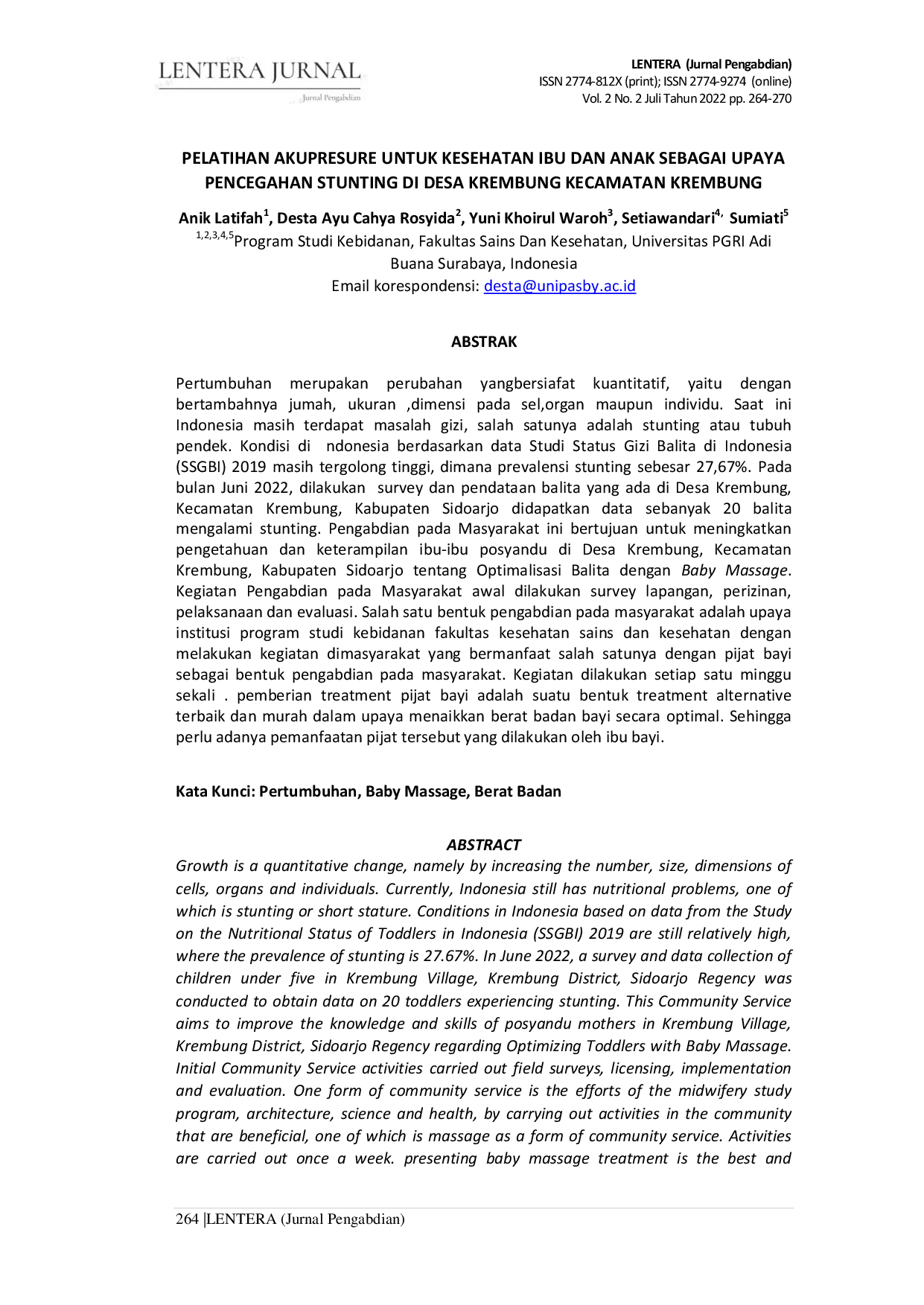JURIS PELATIHAN AKUPRESURE UNTUK KESEHATAN IBU DAN ANAK SEBAGAI UPAYA PENCEGAHAN STUNTING DI DESA KREMBUNG KECAMATAN KREMBUNG