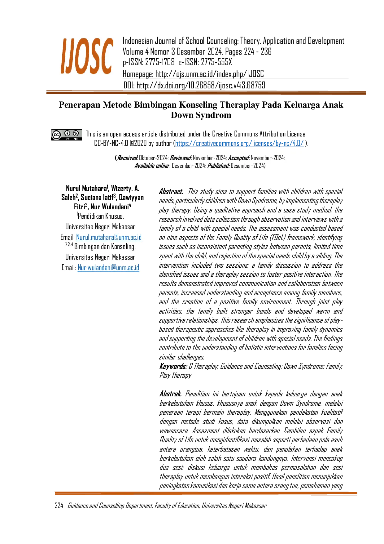 JURIS Penerapan Metode Bimbingan Konseling Theraplay Pada Keluarga Anak Down Syndrom
