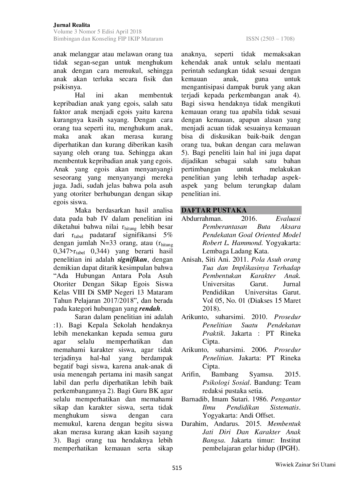 JURIS Hubungan Antara Pola Asuh Otoriter Dengan Sikap Egois Pada Siswa Kelas VIII Di SMPN 13 Mataram