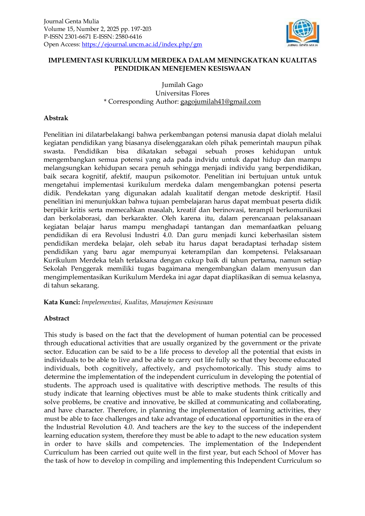 JURIS Implementasi Kurikulum Merdeka Dalam Meningkatkan Kualitas Pendidikan Manajemen Kesiswaan