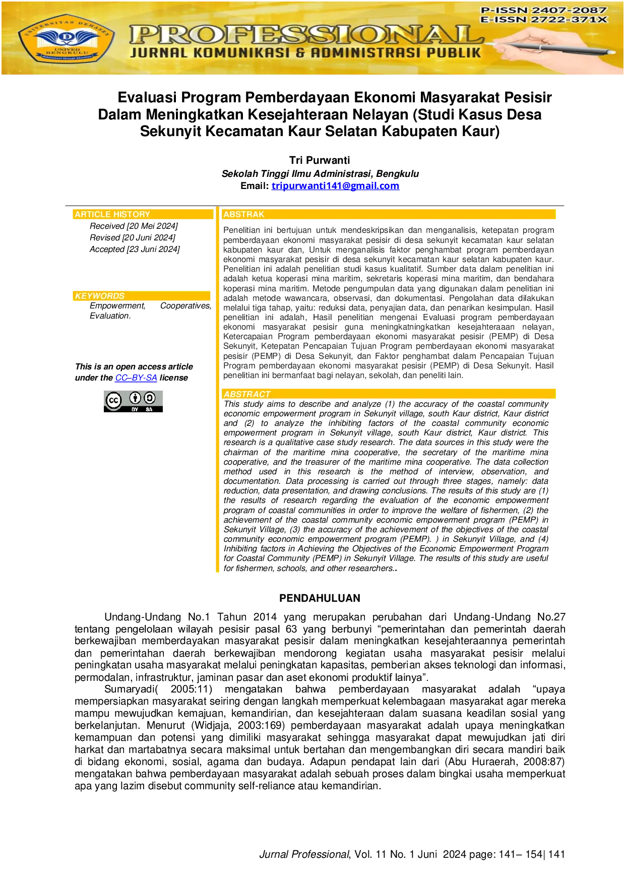 JURIS Evaluasi Program Pemberdayaan Ekonomi Masyarakat Pesisir Dalam Meningkatkan Kesejahteraan Nelayan Studi Kasus Desa Sekunyit Kecamatan Kaur Selatan Kabupaten Kaur