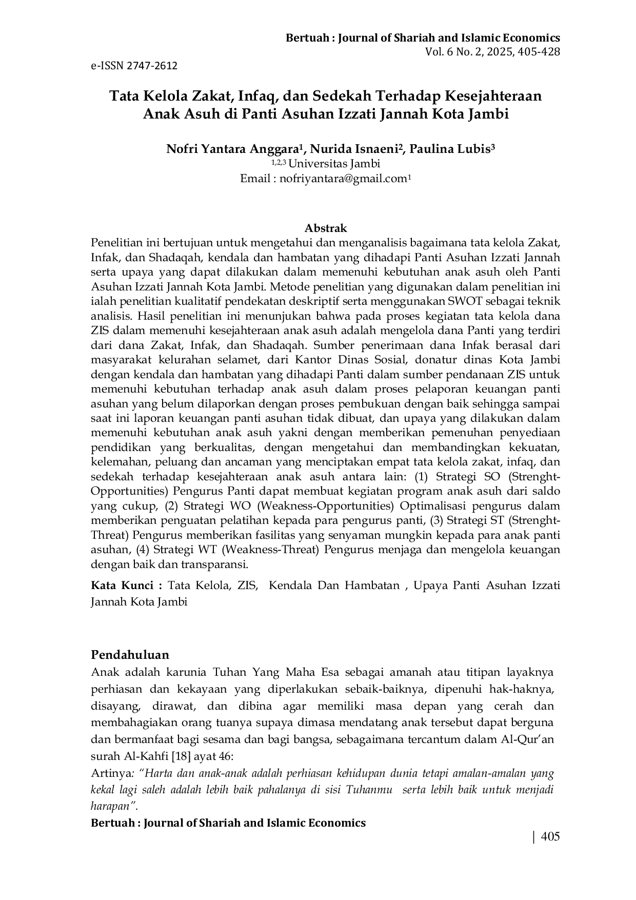 JURIS Tata Kelola Zakat Infaq dan Sedekah Terhadap Kesejahteraan Anak Asuh di Panti Asuhan Izzati Jannah Kota Jambi