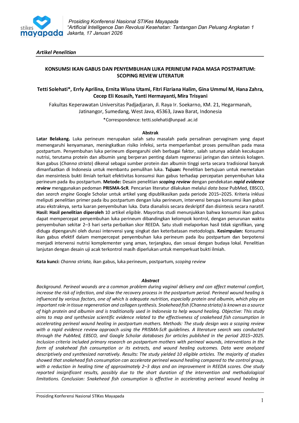JURIS Konsumsi Ikan Gabus Dan Penyembuhan Luka Perineum Pada Masa Postpartum Scoping Review Literatur