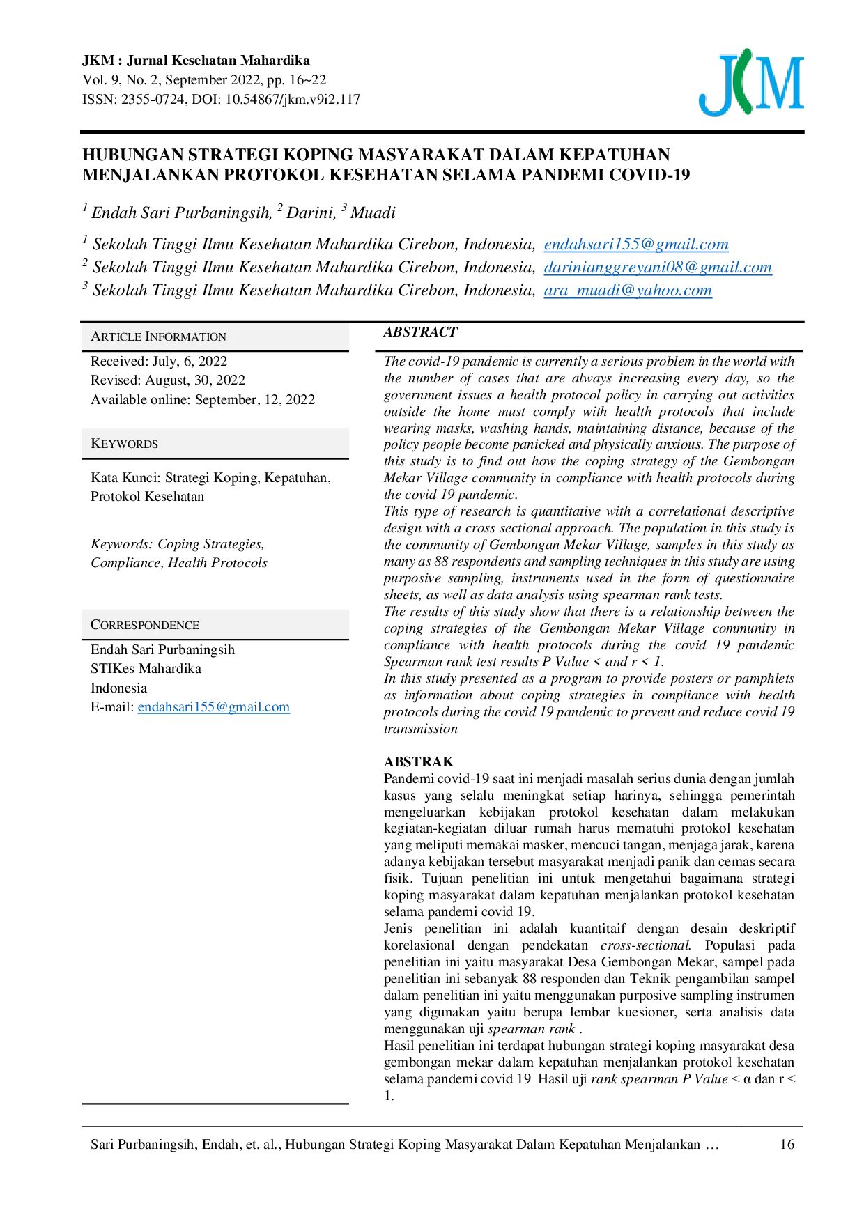 JURIS Strategi Koping Masyarakat Dalam Kepatuhan Menjalankan Protokol Kesehatan Selama Pandemi Covid 19